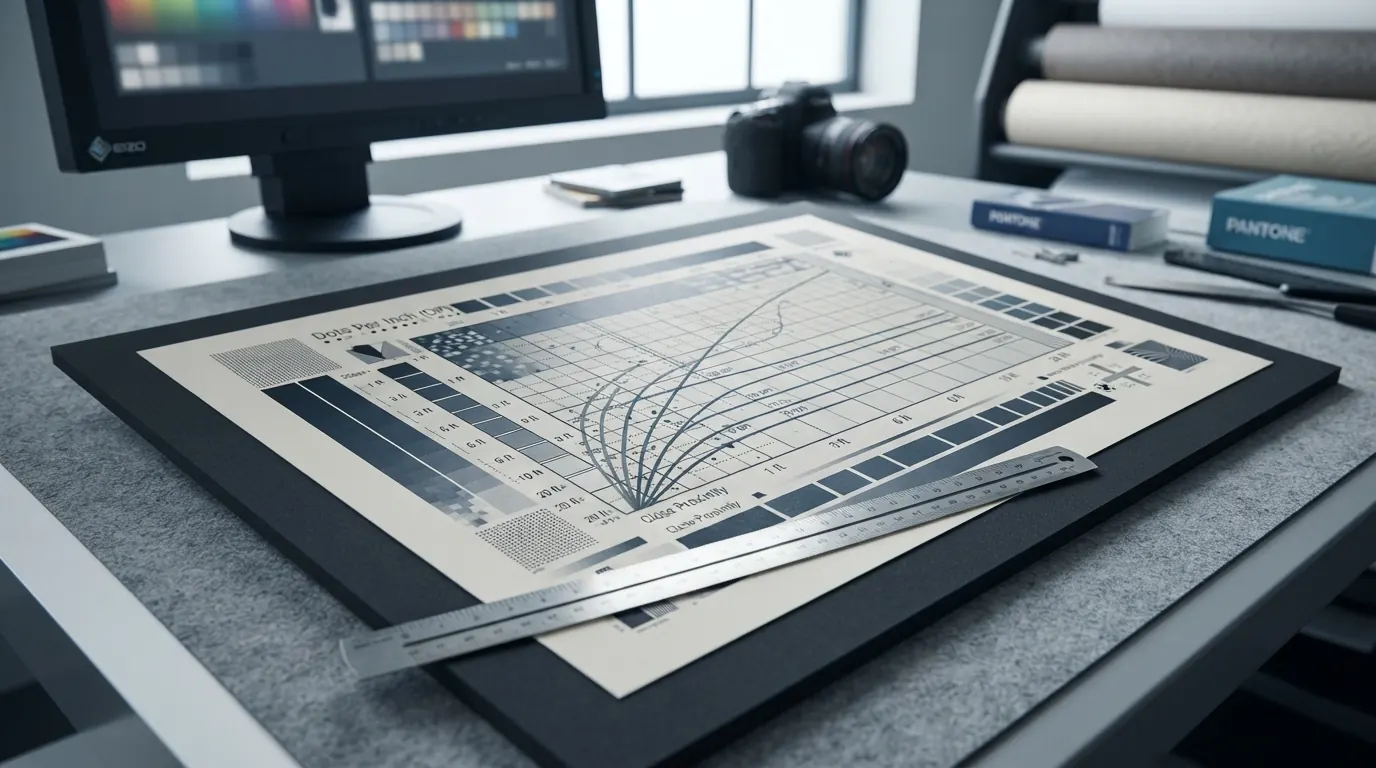Large-format print resolution chart on a professional designer desk