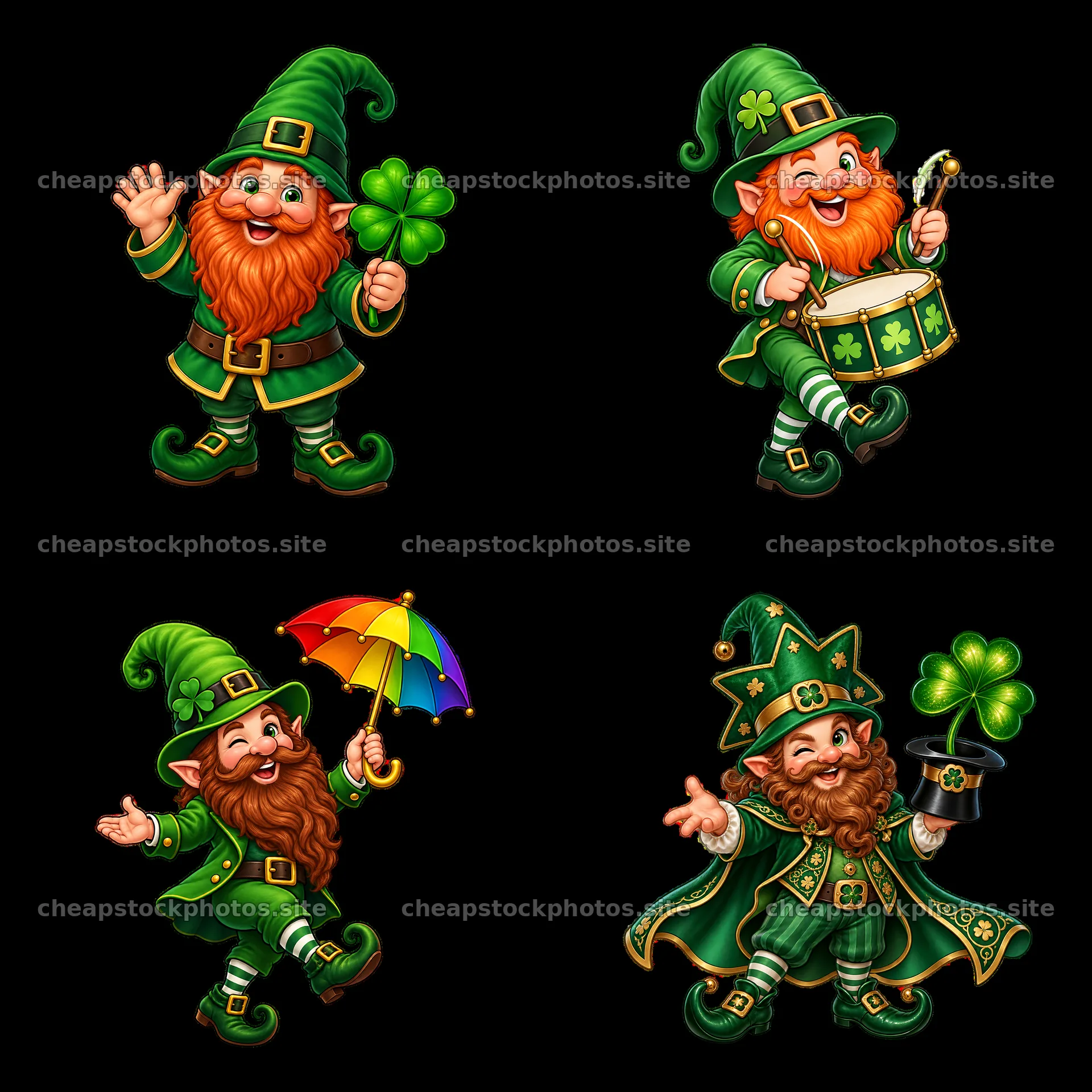 St. Patrick's Day gnomes with props in a festive design – stock photos 7746x7746