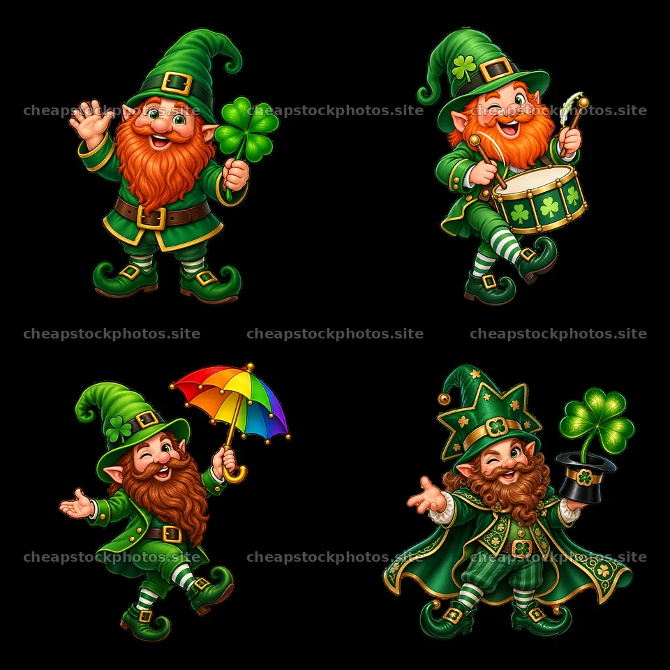 St. Patrick's Day gnomes with props in a festive design – stock photos 7746x7746