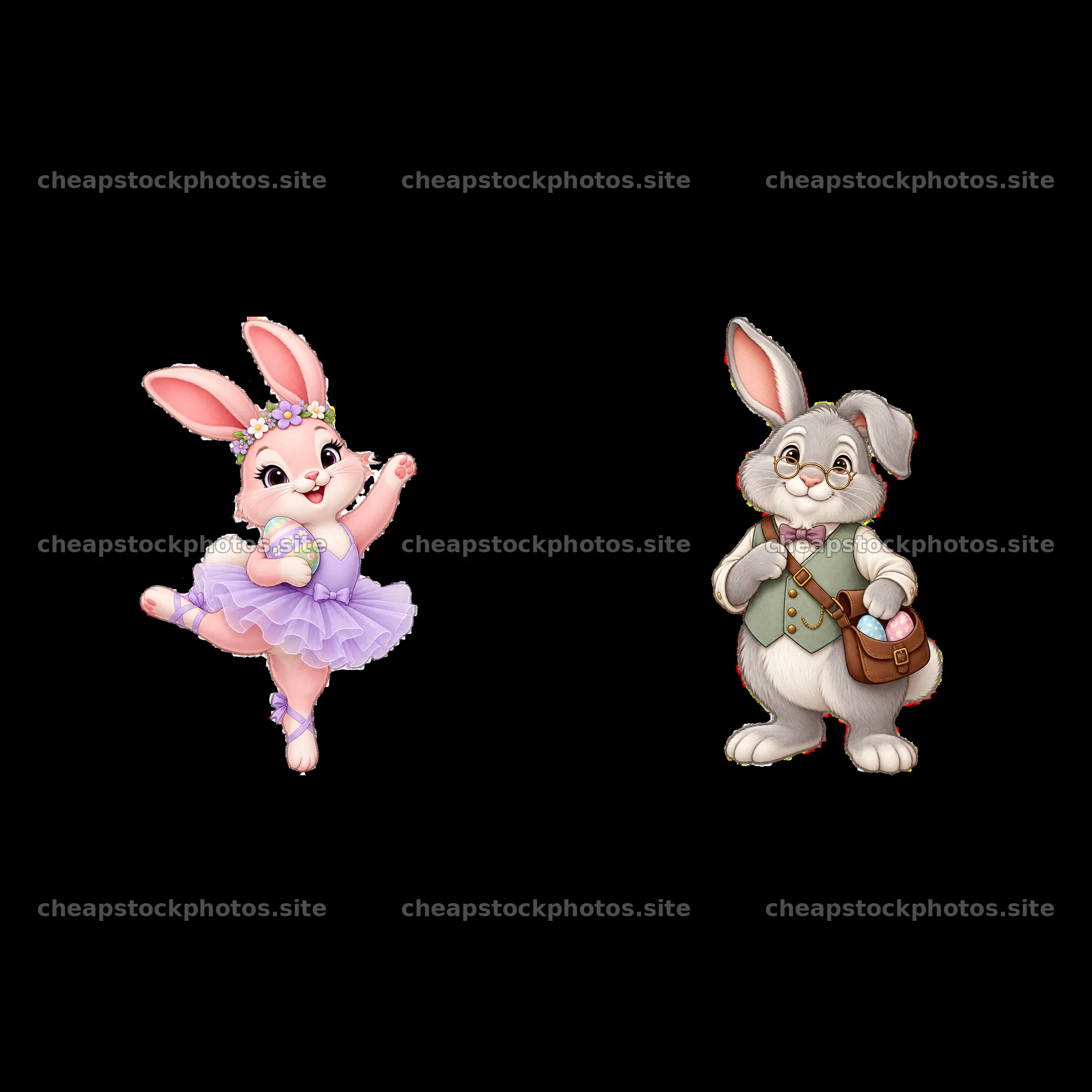 Easter Bunny duo with dancer and messenger character in pastel colors – stock photos 7746x7746