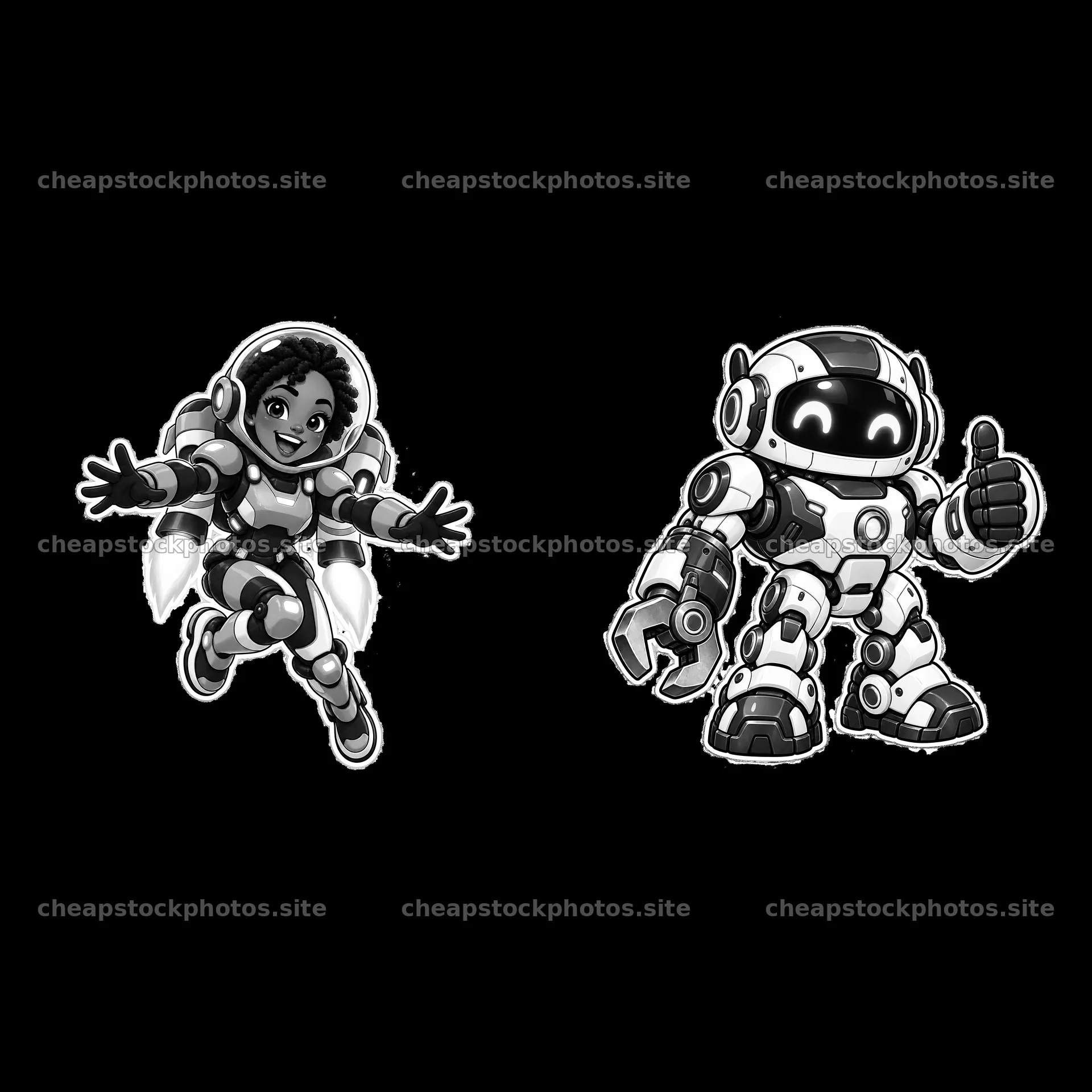 Kawaii futuristic super-soldier duo with robotic features – stock photos 7746x7746