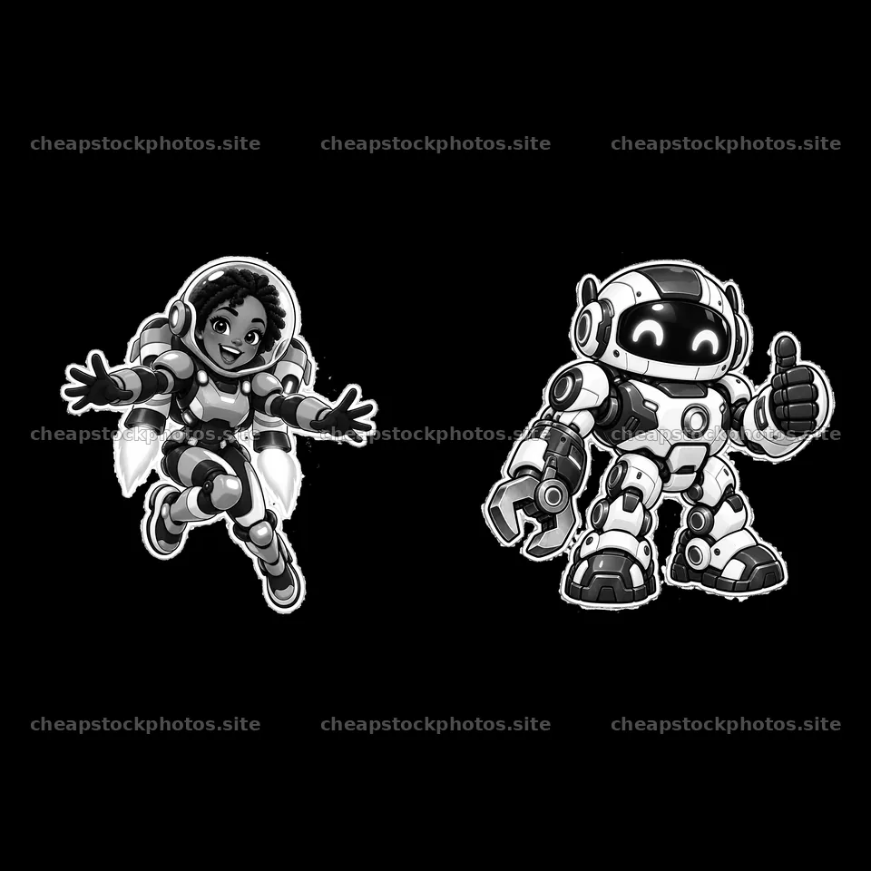 Kawaii futuristic super-soldier duo with robotic features – stock photos 7746x7746