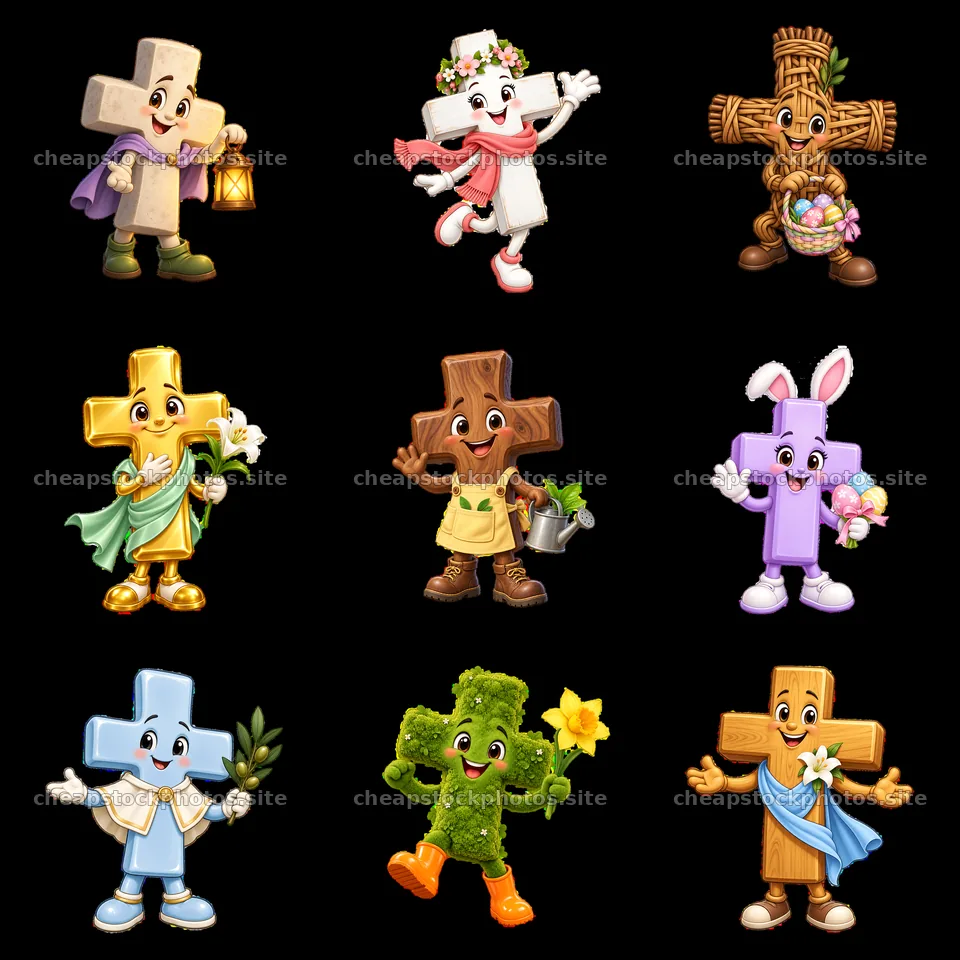 Colorful cartoon Easter crosses with characters in a 3x3 layout – stock photos 7746x7746