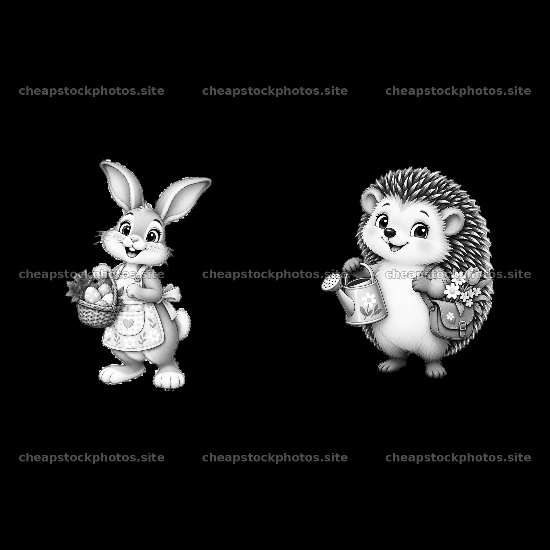 Bunny with Easter basket and hedgehog with watering can – stock photos 7746x7746