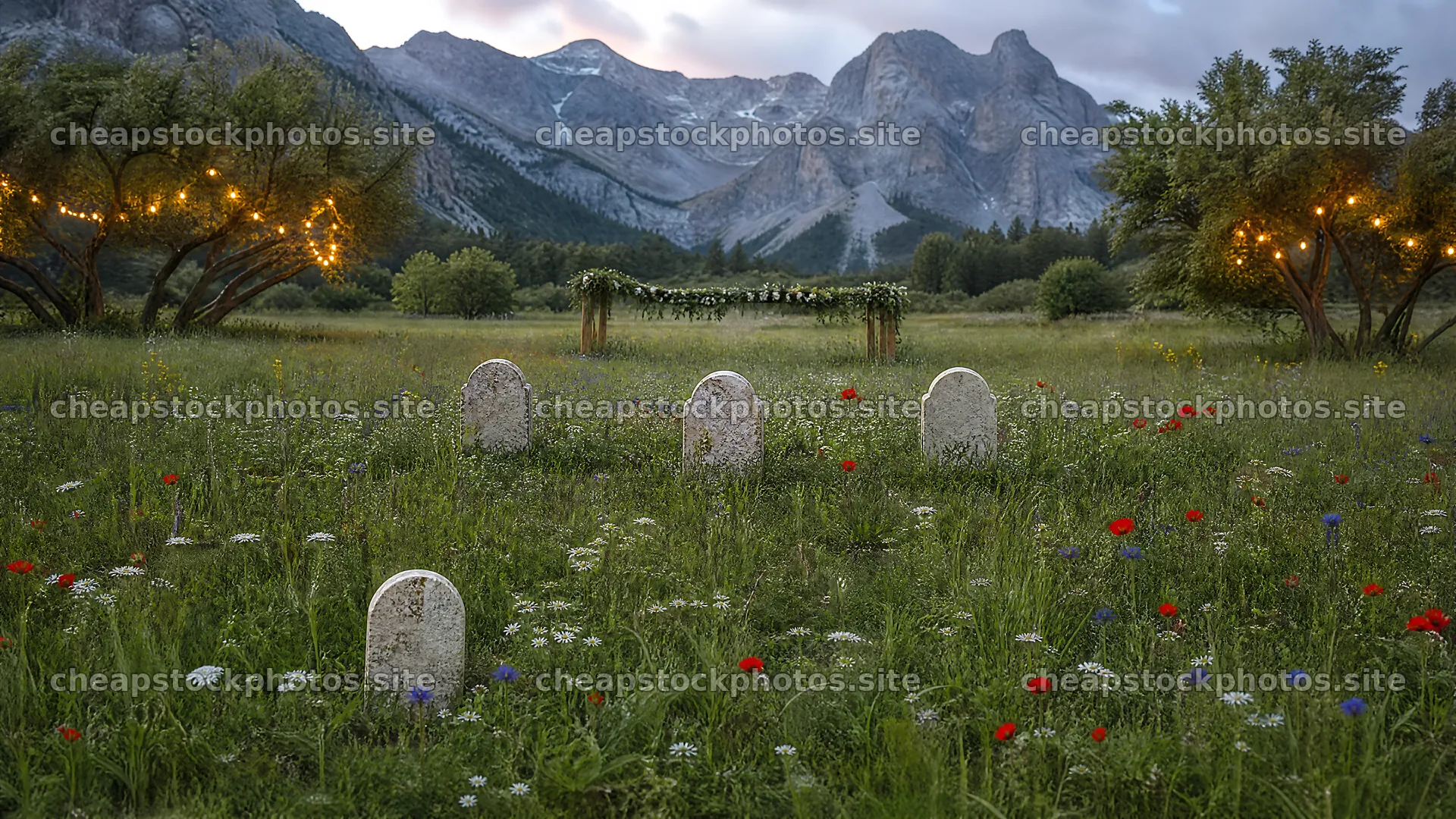 Christmas string lights in mountain valley meadow at dusk – stock photos 10584x5952