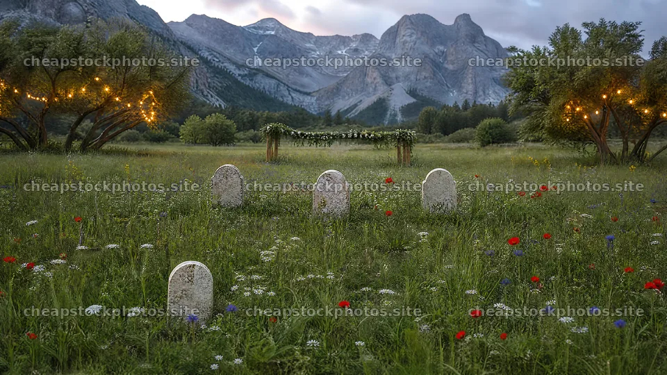 Christmas string lights in mountain valley meadow at dusk – stock photos 10584x5952