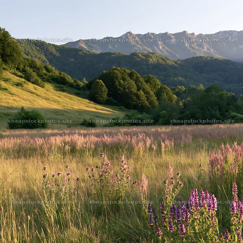 Sainfoin chicory meadow with mountains in the background – stock photos 7938x7938