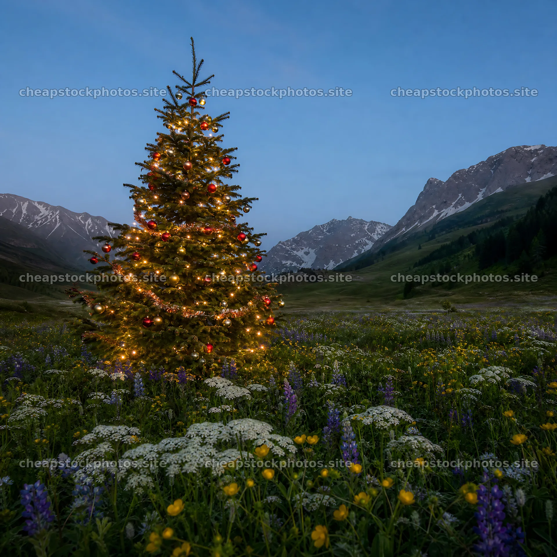 Christmas tree in mountain valley meadow at dusk – stock photos 7938x7938