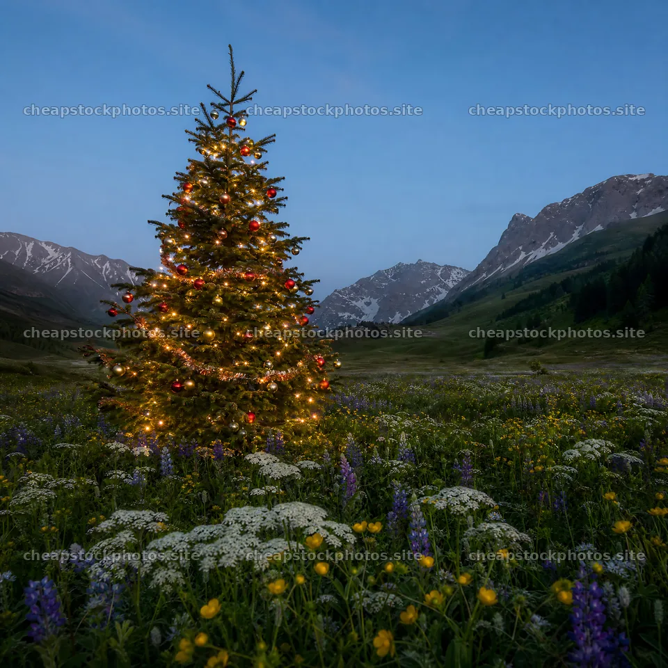 Christmas tree in mountain valley meadow at dusk – stock photos 7938x7938