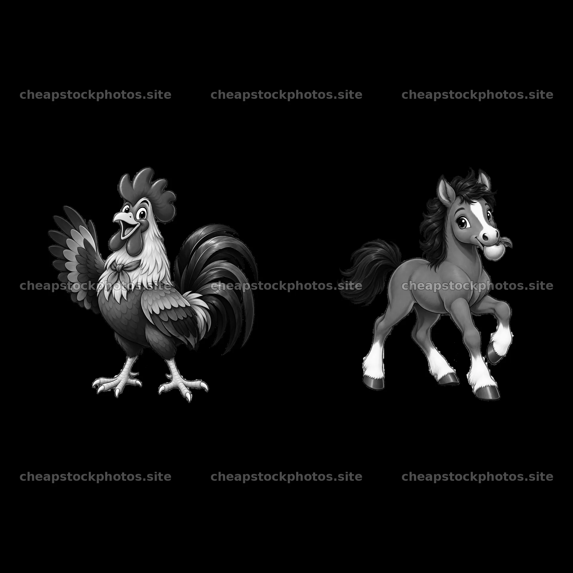 Rooster and horse cartoon stickers for farm-themed design – stock photos 7746x7746