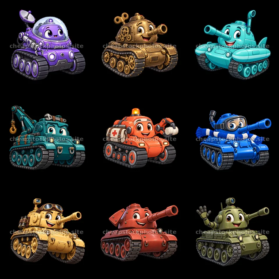 Cartoon tank characters in colorful styles and designs – stock photos 7746x7746