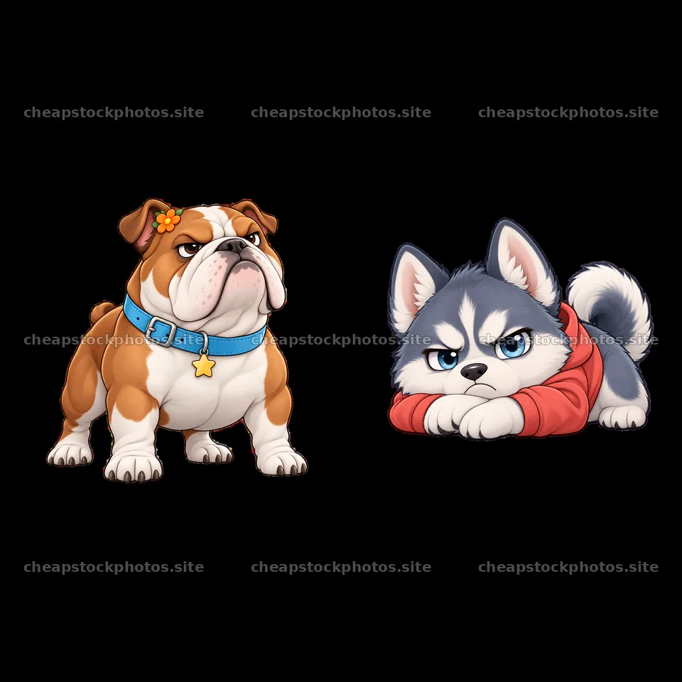 Kawaii grumpy dog duo with bulldog and husky in playful poses – stock photos 7746x7746