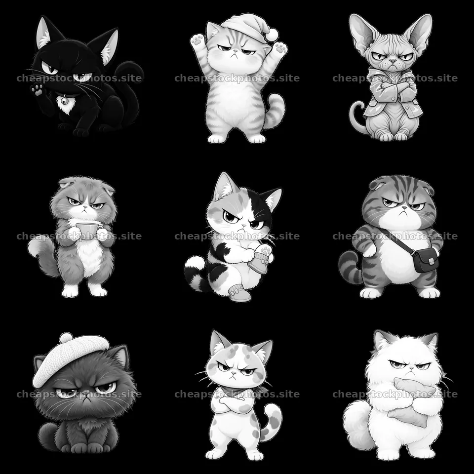 Kawaii grumpy cats in a 3x3 sticker arrangement – stock photos 7746x7746