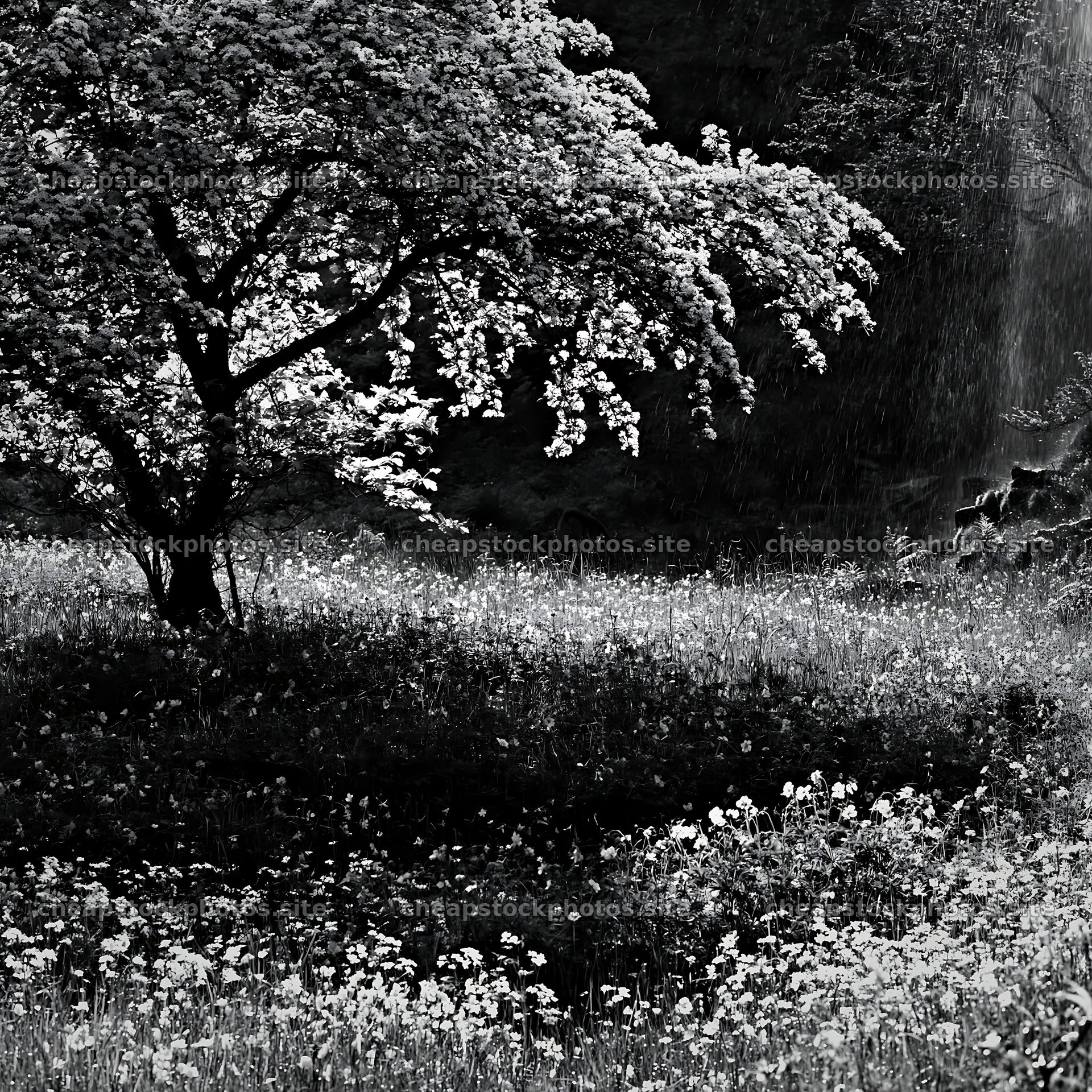 Early leaf meadow with tree and flowers during spring – stock photos 7938x7938