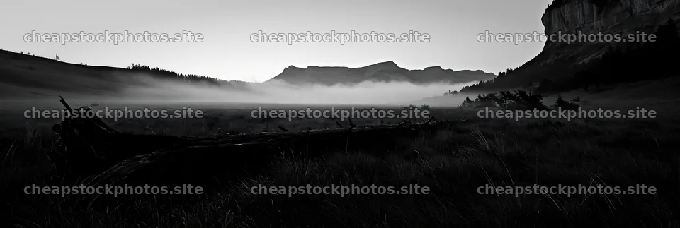 Weathered log in a meadow at dawn with distant mountains – stock photos 13690x4602