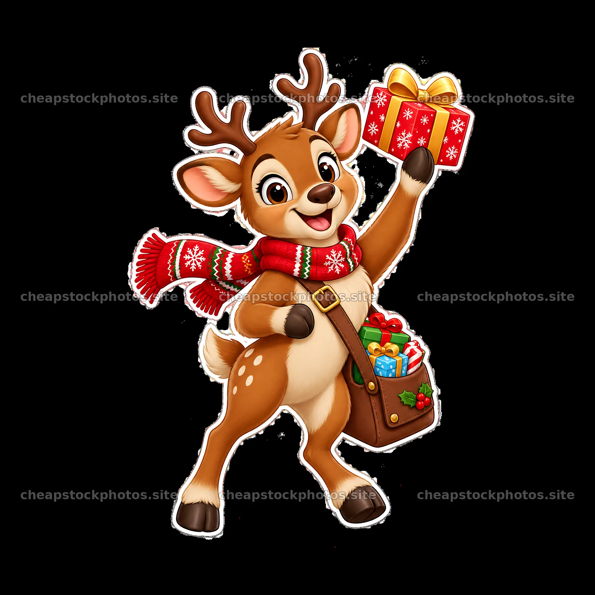 Cheerful reindeer holding a Christmas gift with a festive bag – stock photos 7746x7746