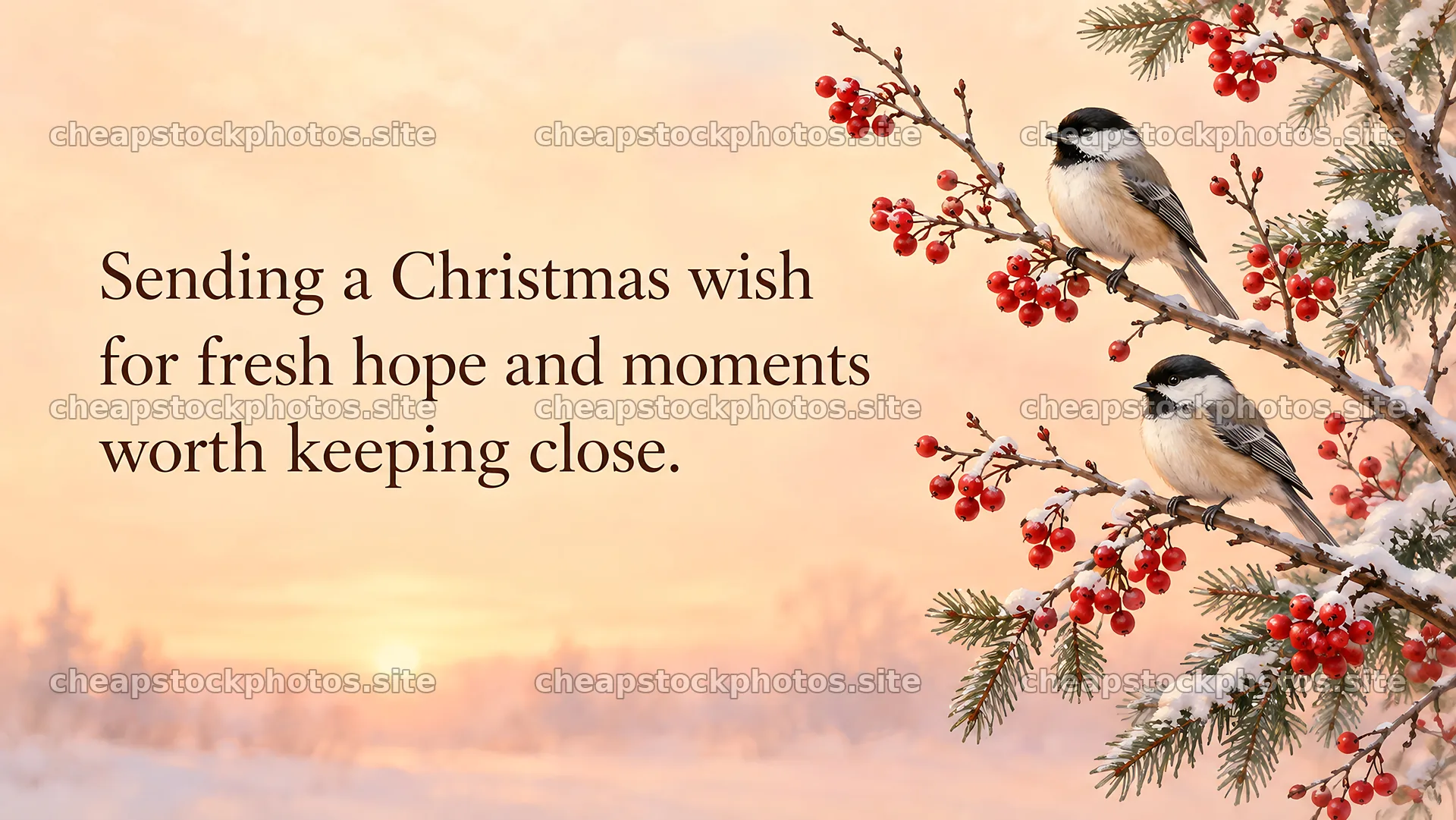 Christmas Greeting with Chickadees and Winter Berries – stock photos 10324x5812