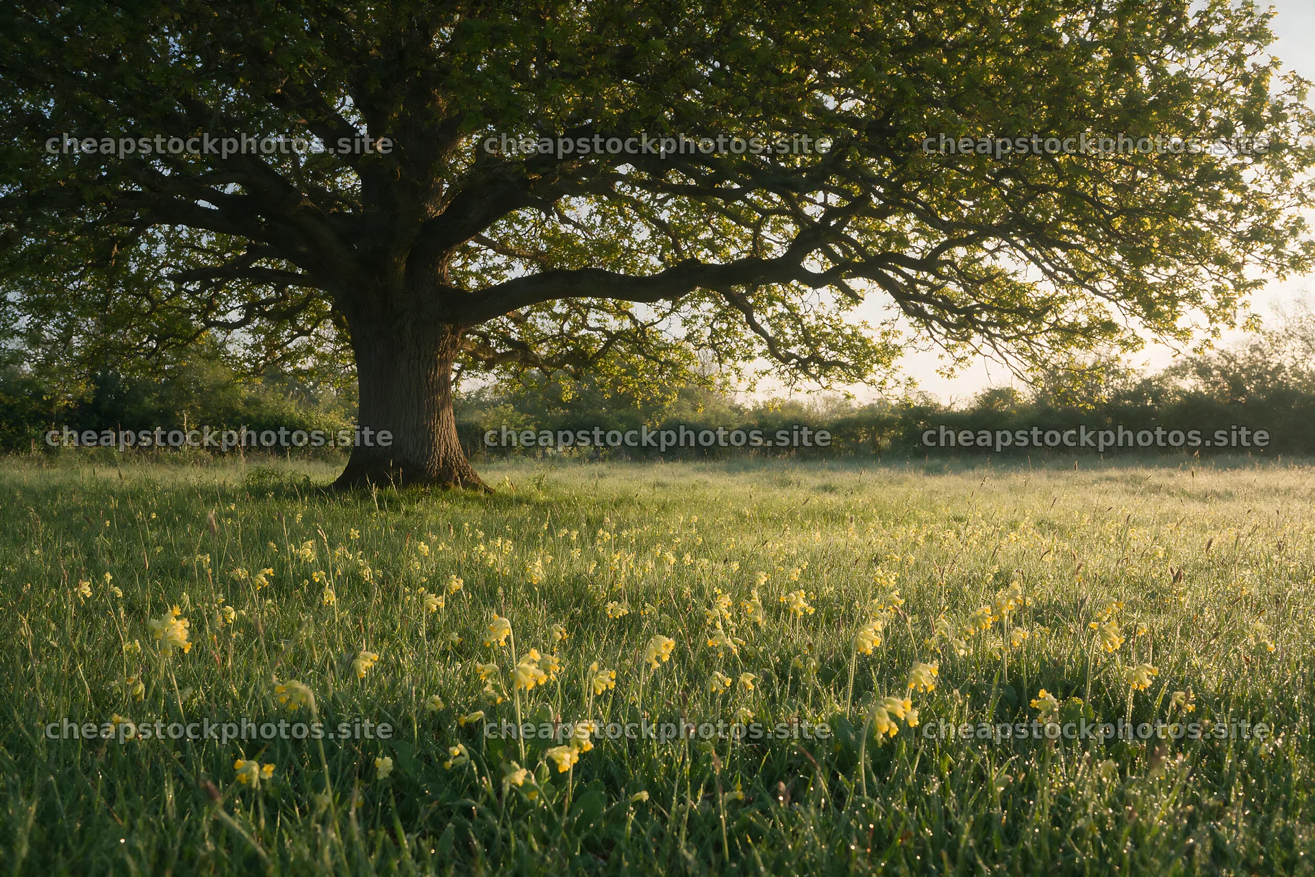 Dewy meadow with a tree and yellow flowers in the morning light – stock photos 9722x6480