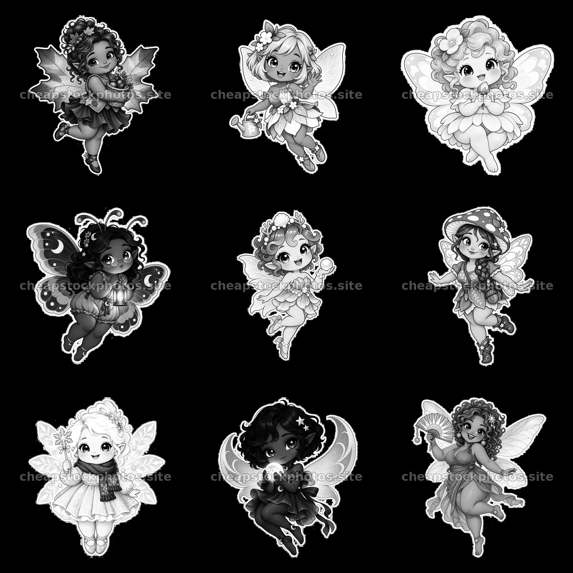 Chubby fairy characters in a cute 3x3 grid illustration – stock photos 7746x7746