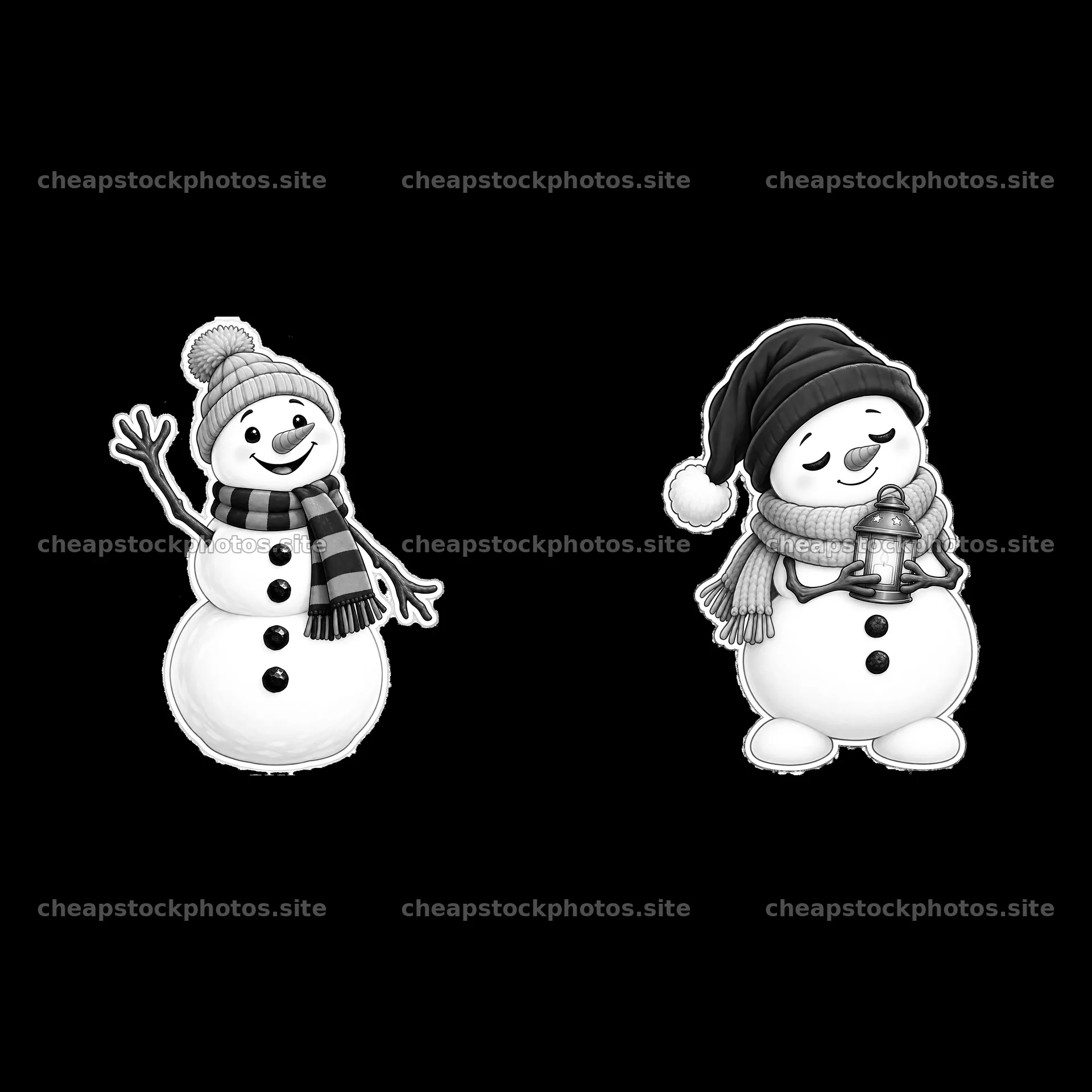 Two cartoon snowmen with winter accessories in black and white – stock photos 7746x7746