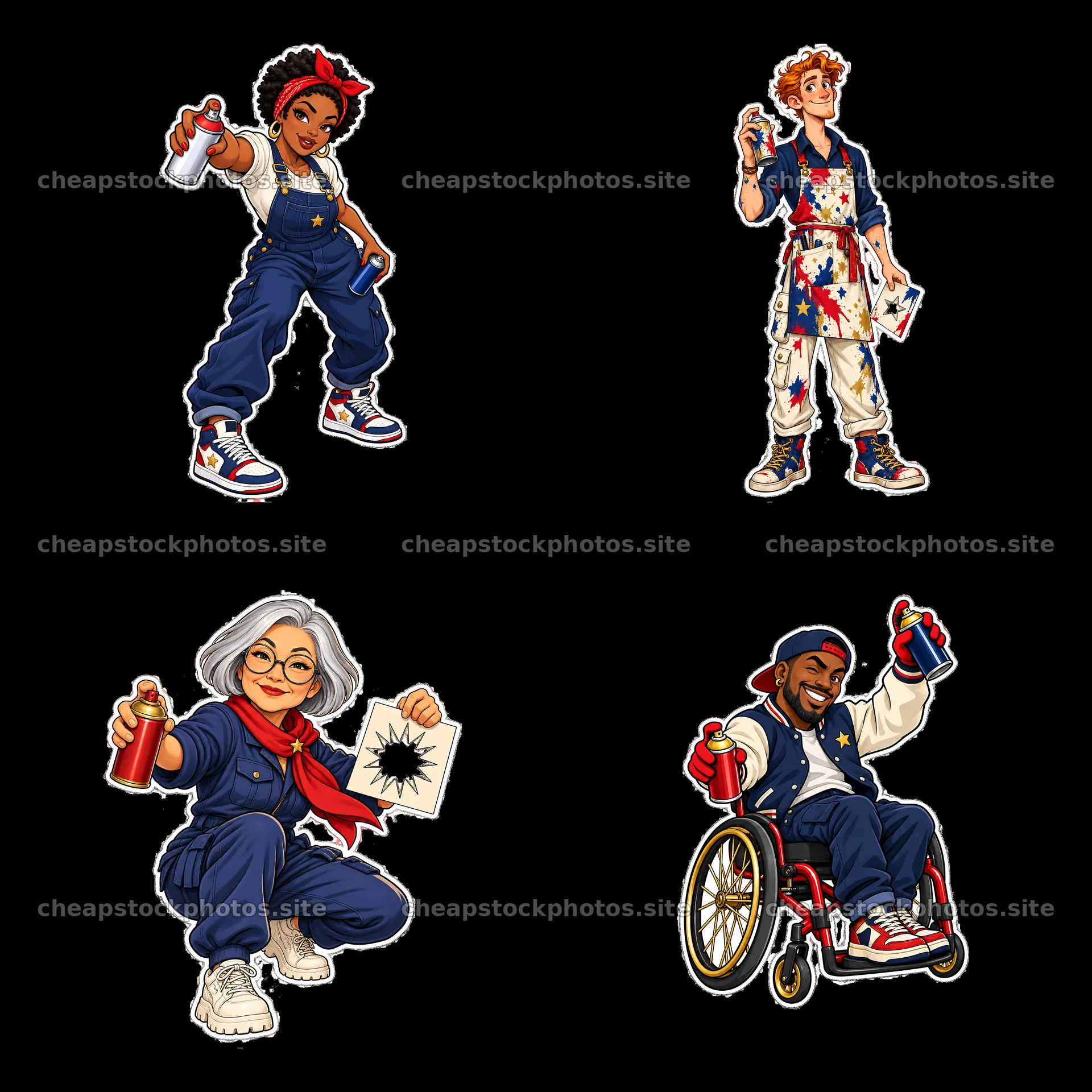 Patriotic graffiti sprayers in four diverse poses – stock photos 7746x7746