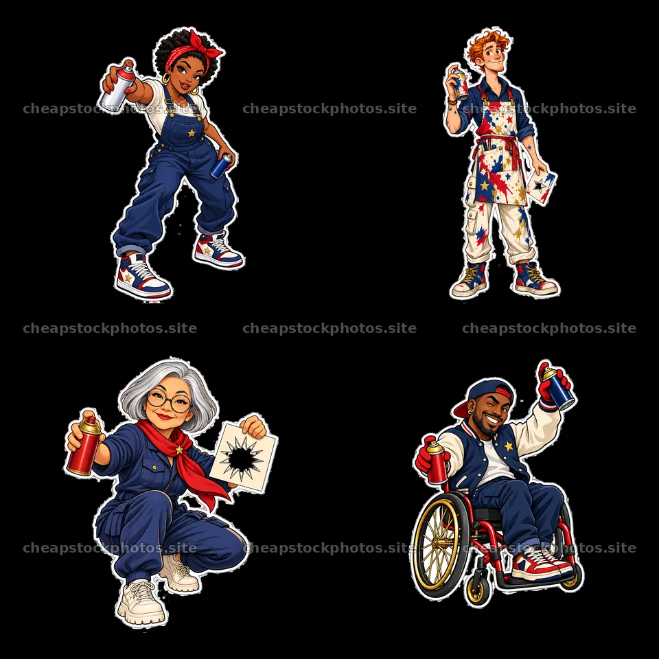 Patriotic graffiti sprayers in four diverse poses – stock photos 7746x7746