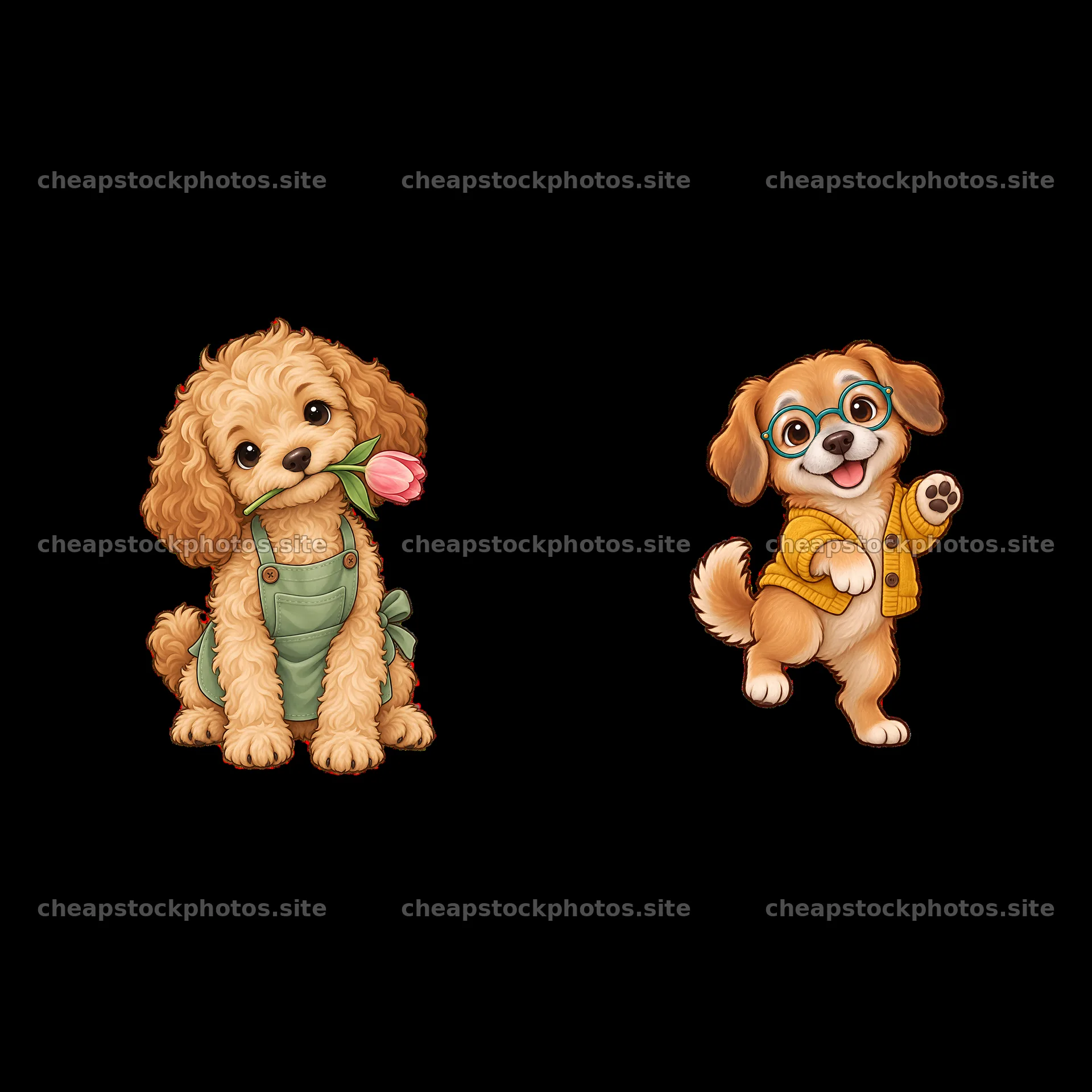Cute dog with a flower and happy dog in a sweater sticker pair – stock photos 7746x7746