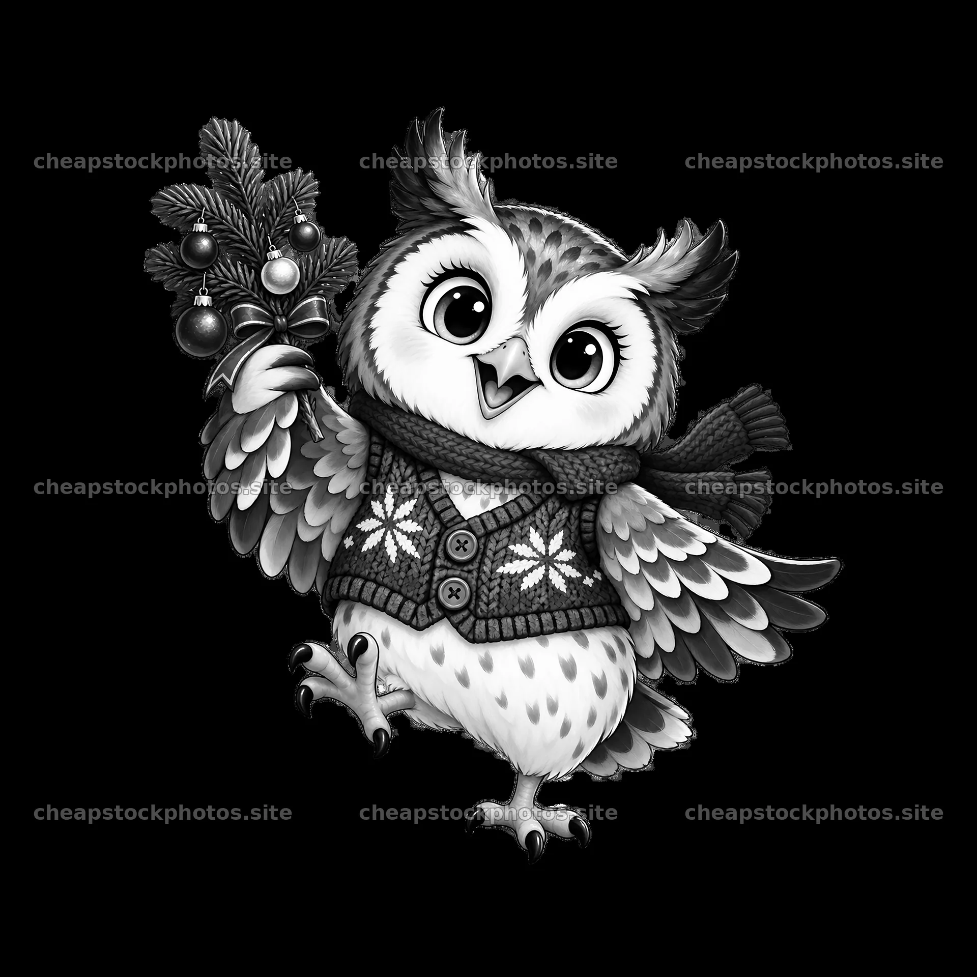 Owl wearing a sweater holds a Christmas branch with ornaments – stock photos 7746x7746