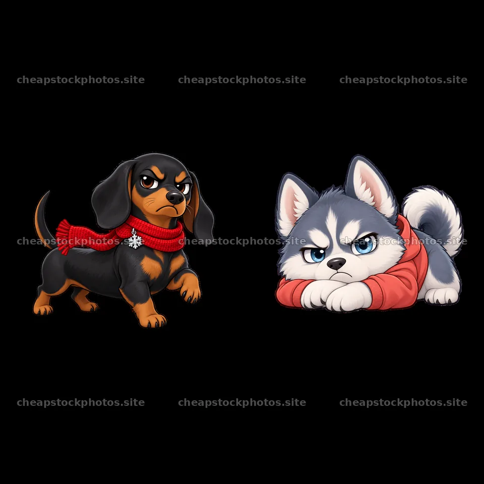 Kawaii grumpy dog duo with red scarf and gray hoodie – stock photos 7746x7746