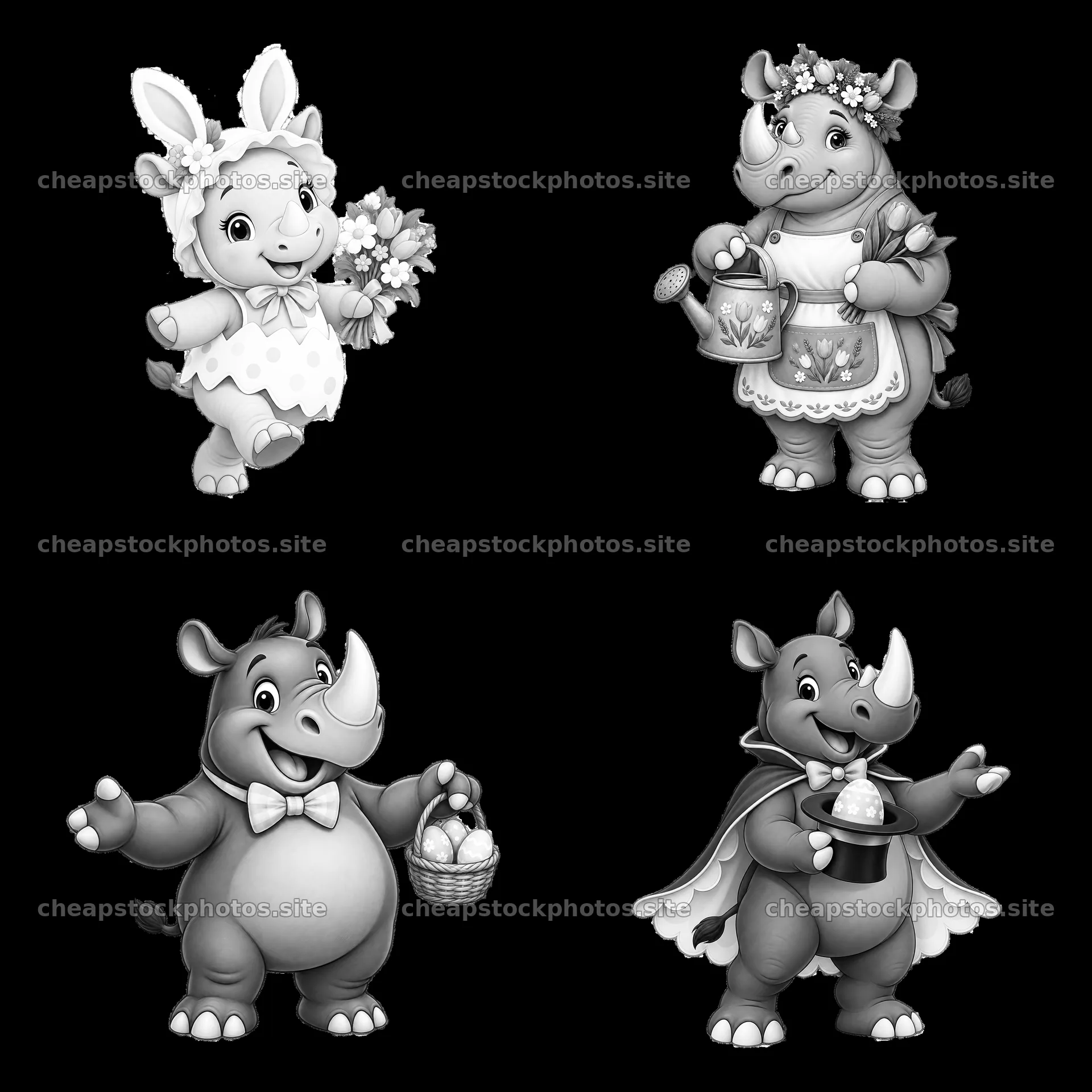 Easter rhinoceros characters with accessories in black and white – stock photos 7746x7746