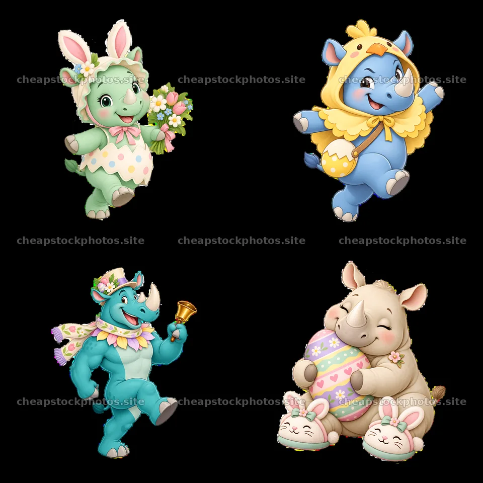 Easter rhinoceros characters celebrating with colorful decorations – stock photos 7746x7746