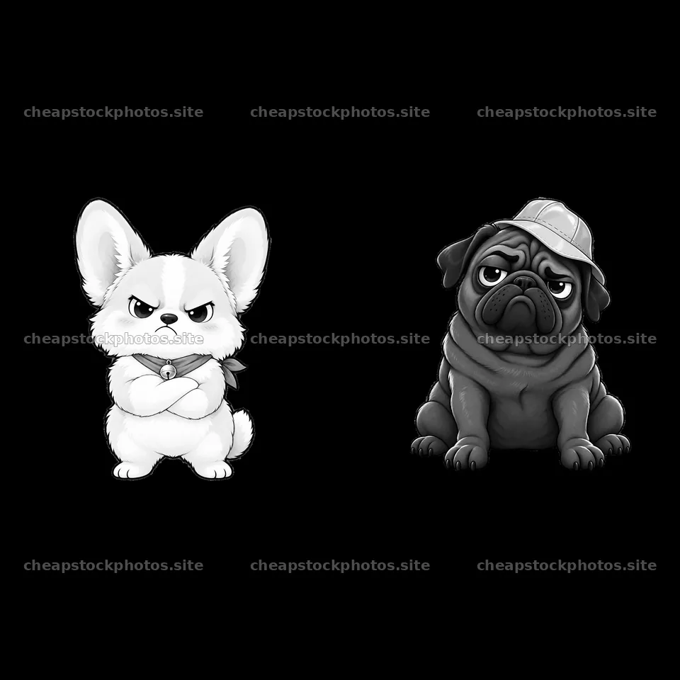 Kawaii grumpy dog duo with attitude and playful expressions – stock photos 7746x7746