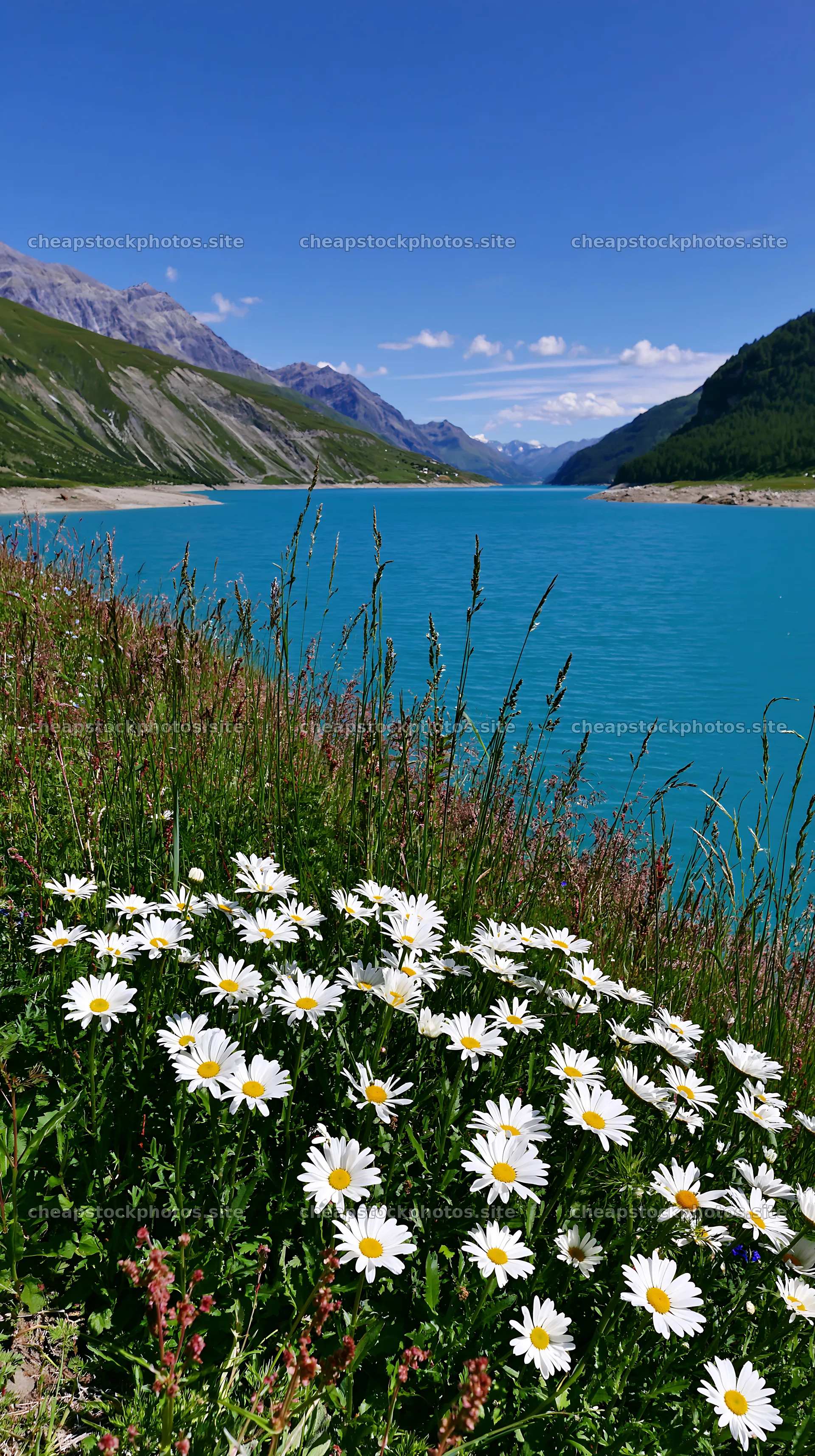 Swiss meadow beside alpine lake with blooming flowers – stock photos 5938x10608