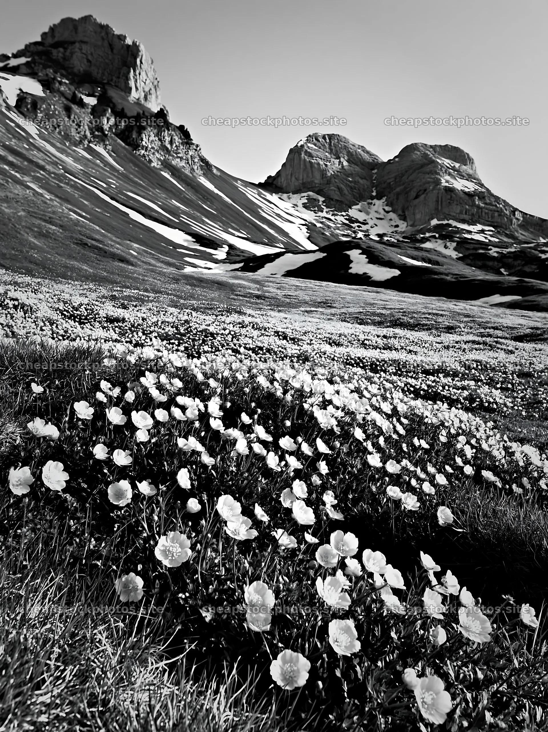 Swiss subalpine meadow with flowers in black and white – stock photos 6866x9174