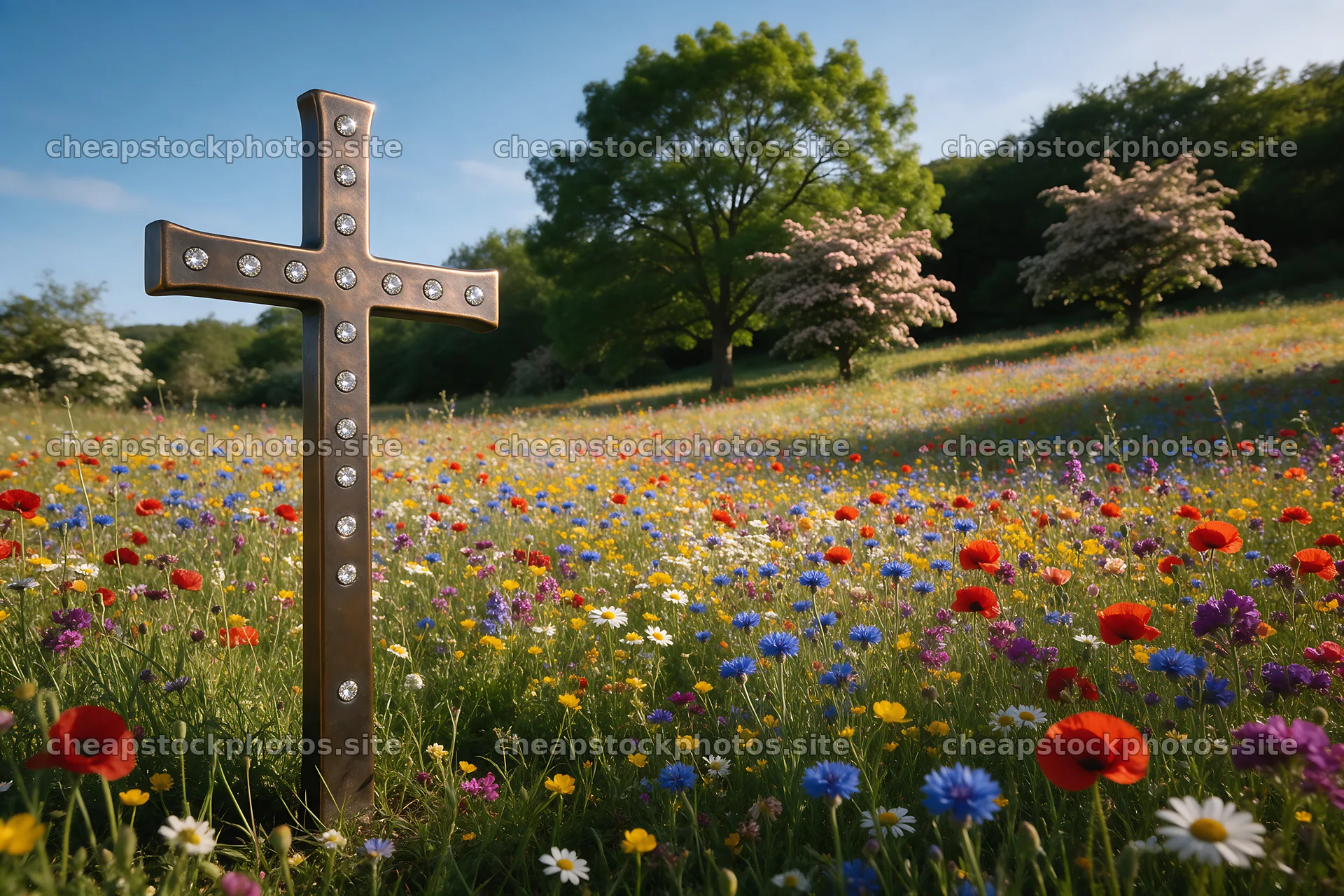 Rustic Christian cross in spring meadow with colorful flowers – stock photos 9722x6480