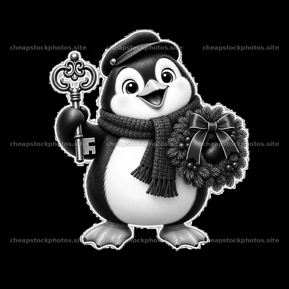 Christmas penguin holding a key and a wreath – stock photos 7746x7746