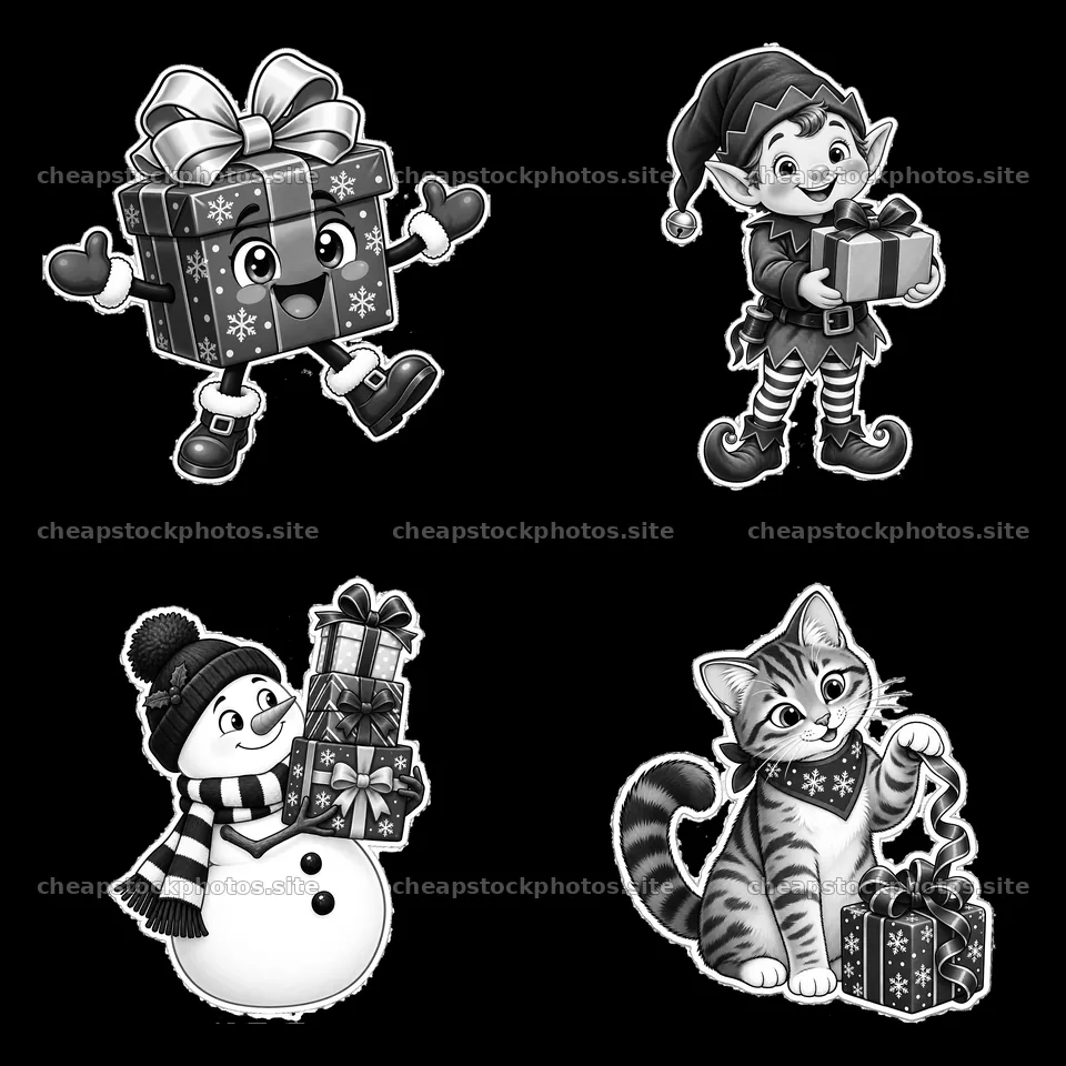 Cartoon characters with Christmas presents in black and white – stock photos 7746x7746
