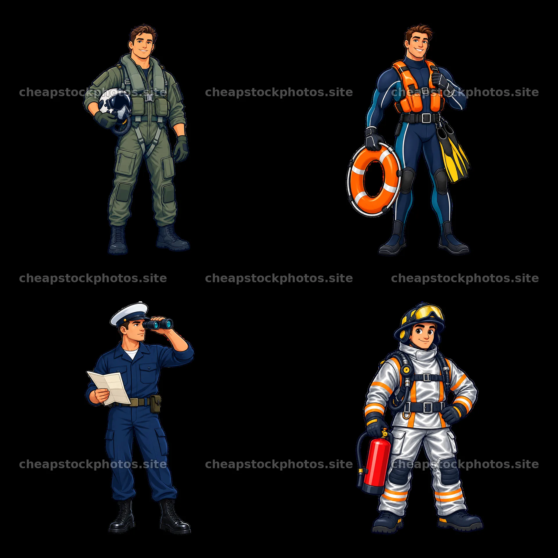Cartoon stickers of military personnel on an aircraft carrier – stock photos 7746x7746