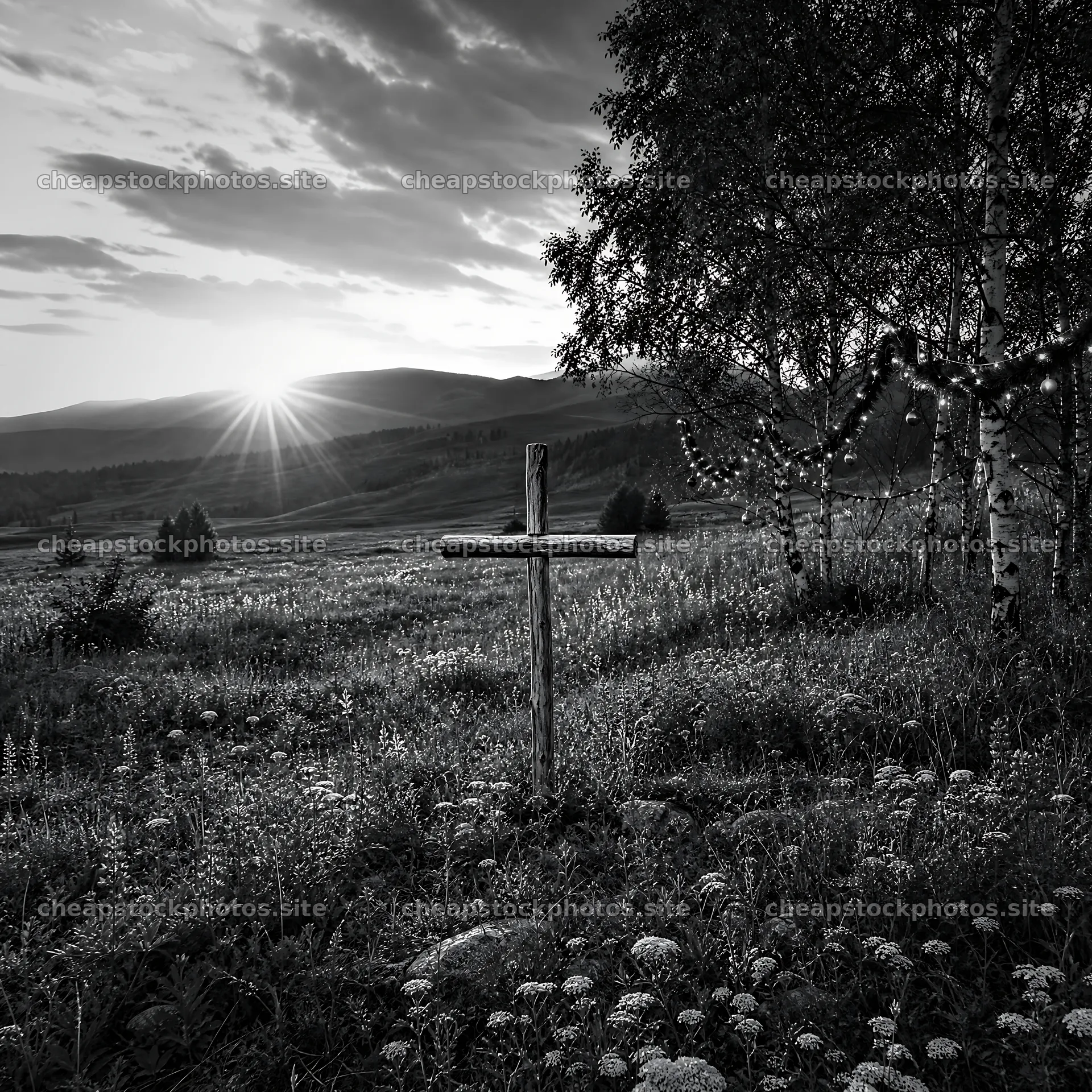 Wooden Christian cross in meadow at sunrise – stock photos 7938x7938
