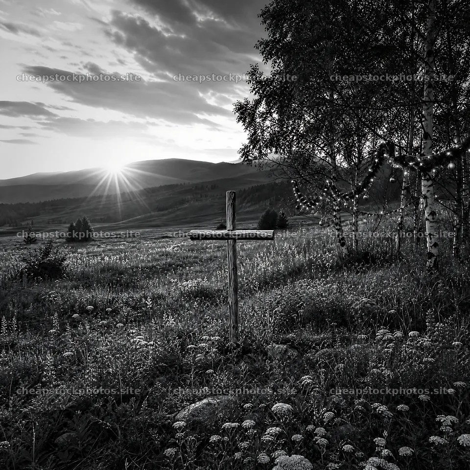 Wooden Christian cross in meadow at sunrise – stock photos 7938x7938