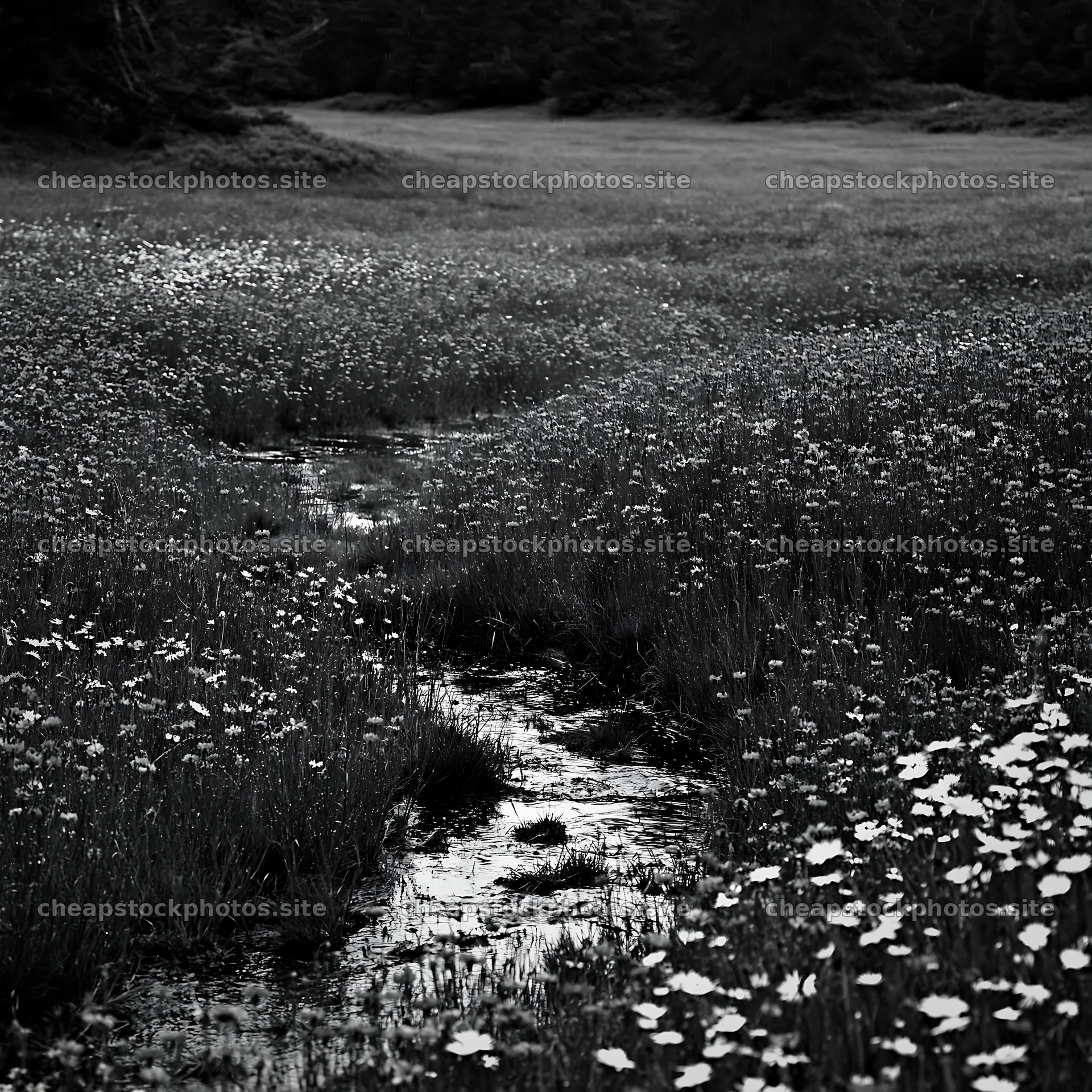 Rainy valley meadow with flowers and a stream – stock photos 7938x7938