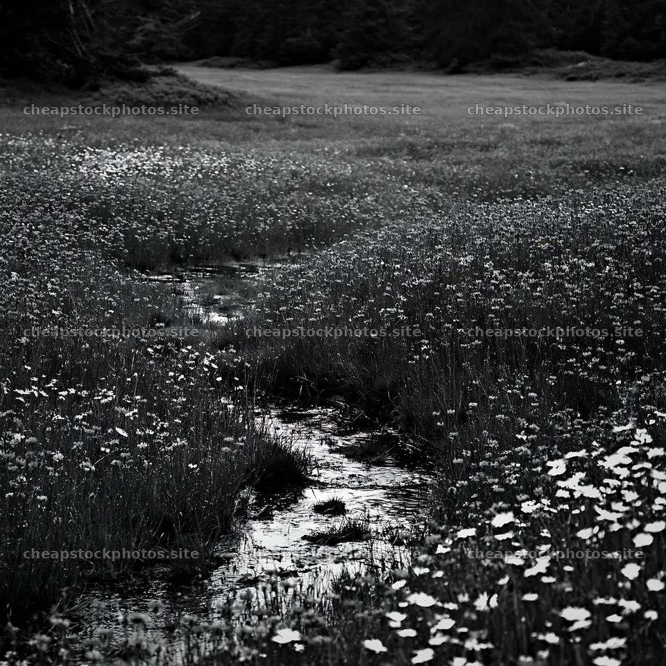 Rainy valley meadow with flowers and a stream – stock photos 7938x7938