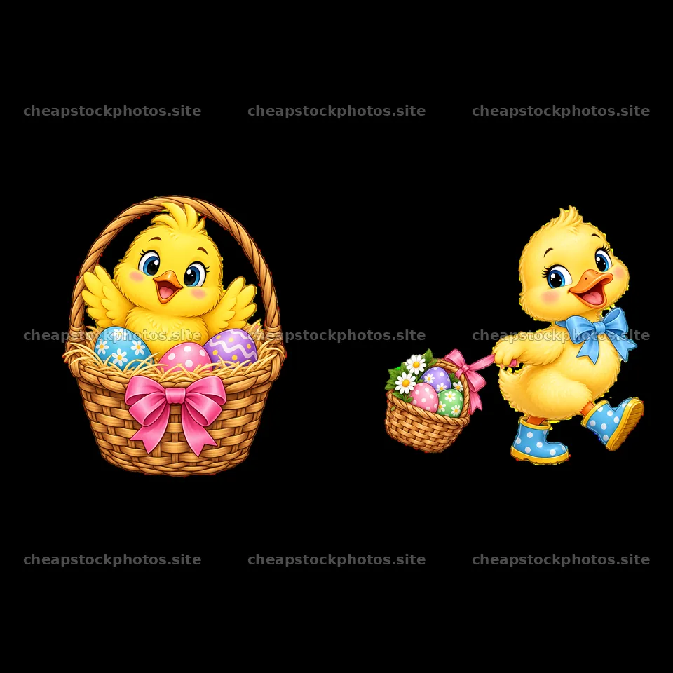 Chick with Easter basket and another pulling a basket of eggs – stock photos 7746x7746