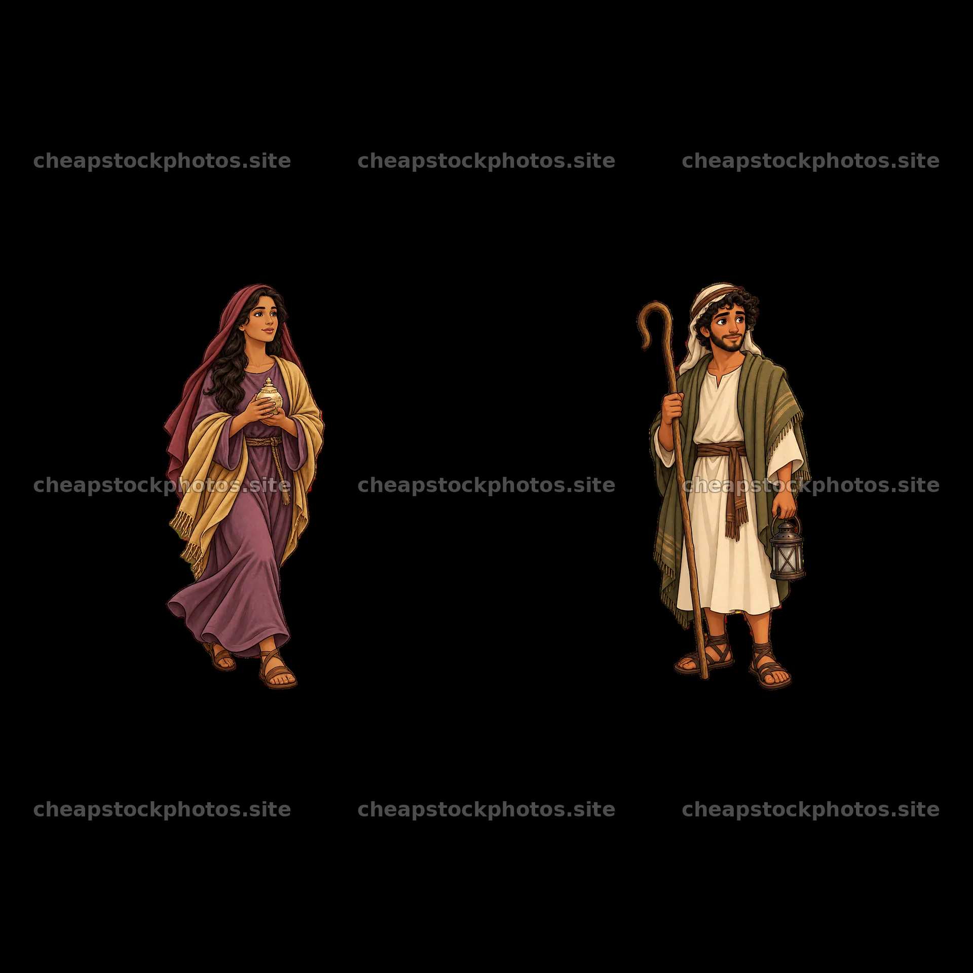 Jesus with a woman in a flowing robe and a man holding a lantern – stock photos 7746x7746