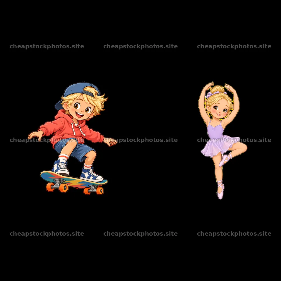 Blond child skating and dancing cartoon sticker illustration – stock photos 7746x7746