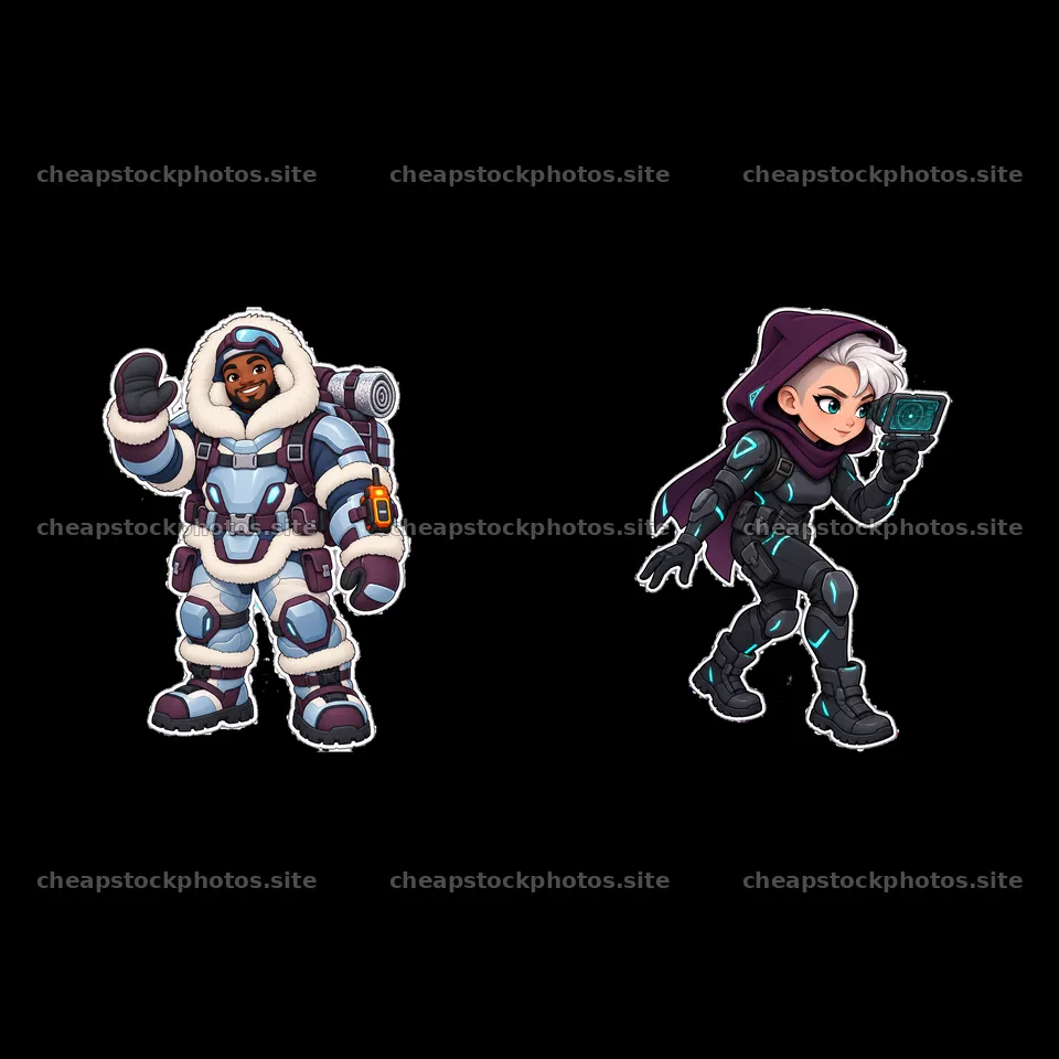 Kawaii futuristic super-soldier duo in playful action – stock photos 7746x7746