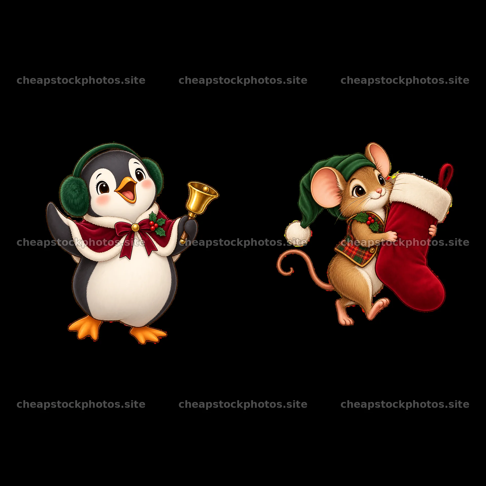 Penguin with bell and mouse holding Christmas stocking – stock photos 7746x7746