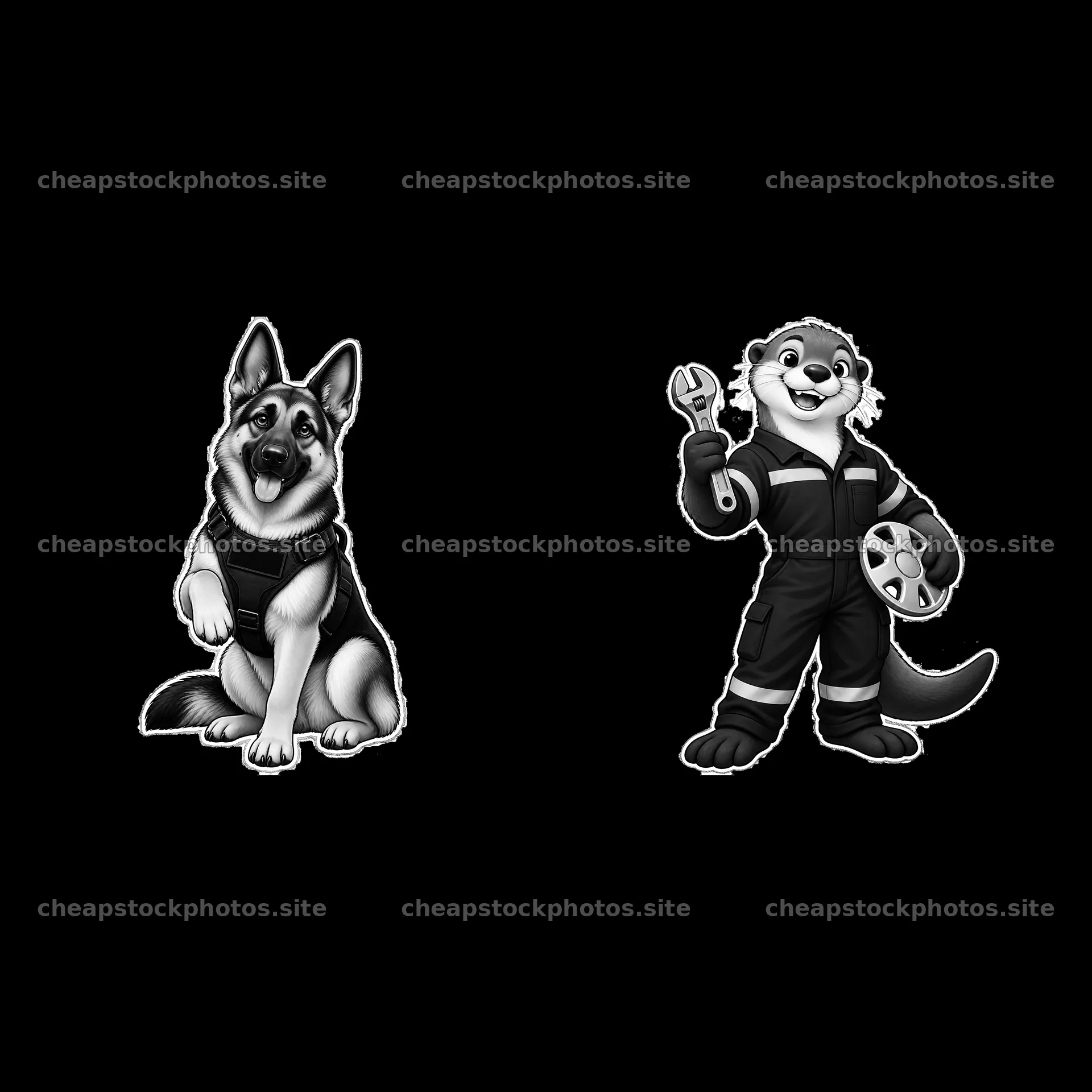 Cartoon characters of a police dog and a mechanic otter – stock photos 7746x7746