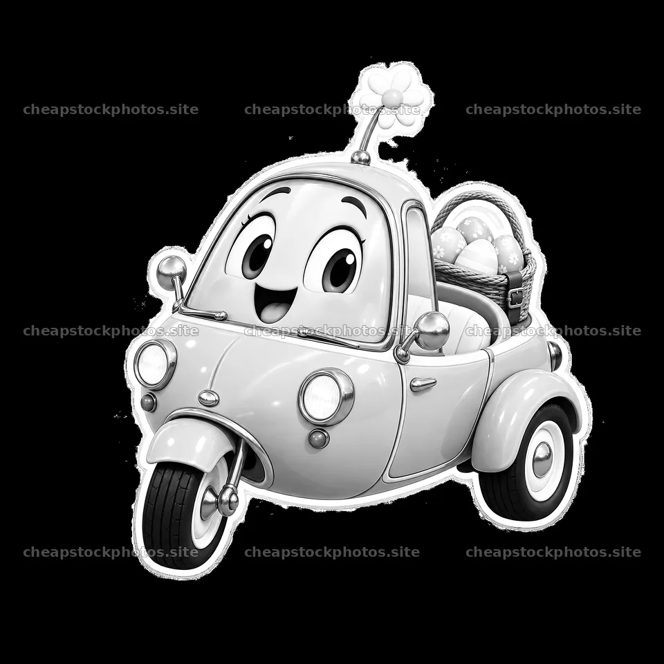 Cartoon car with a flower and Easter eggs in a basket – stock photos 7746x7746