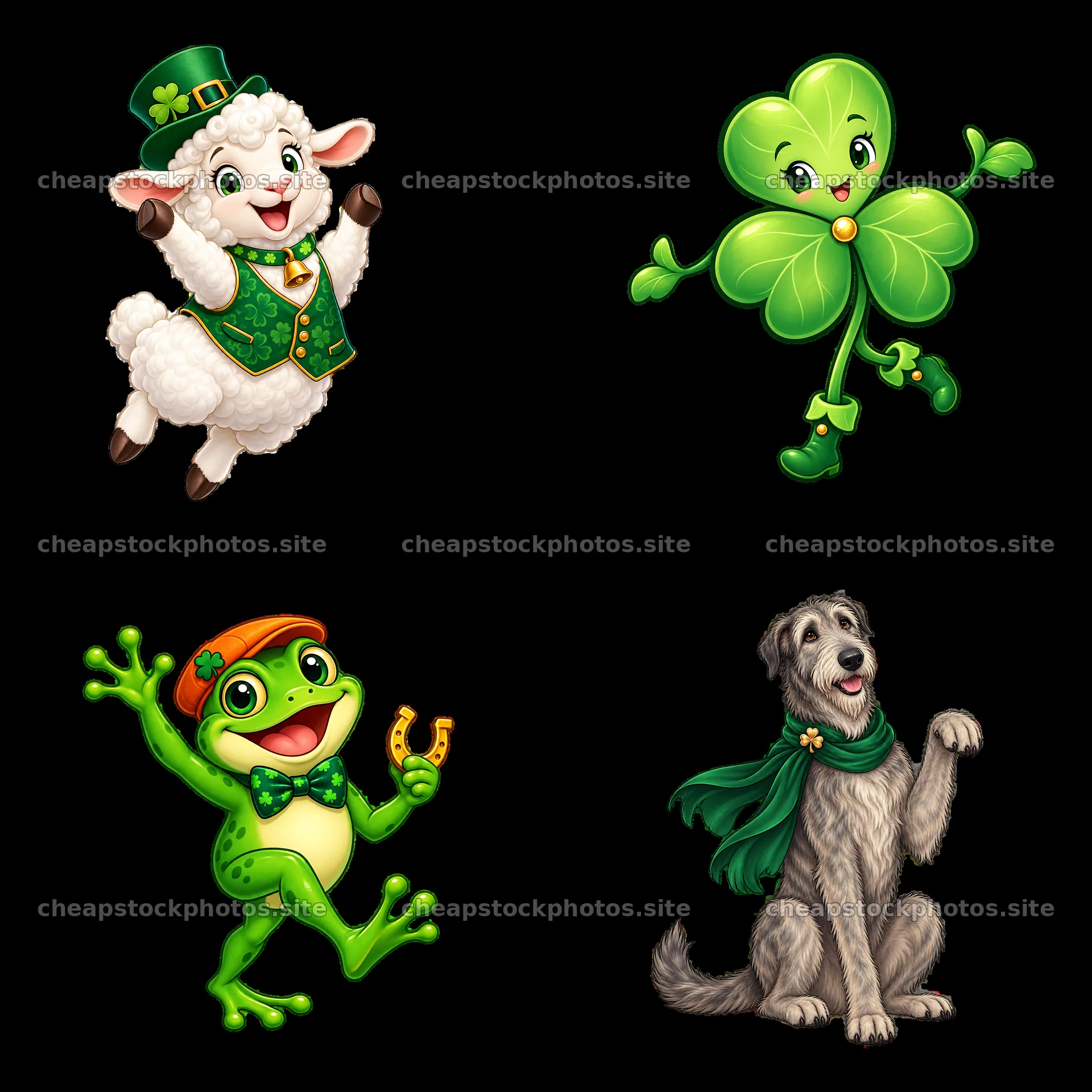 Cheerful characters celebrating St. Patrick's Day in a square layout – stock photos 7746x7746